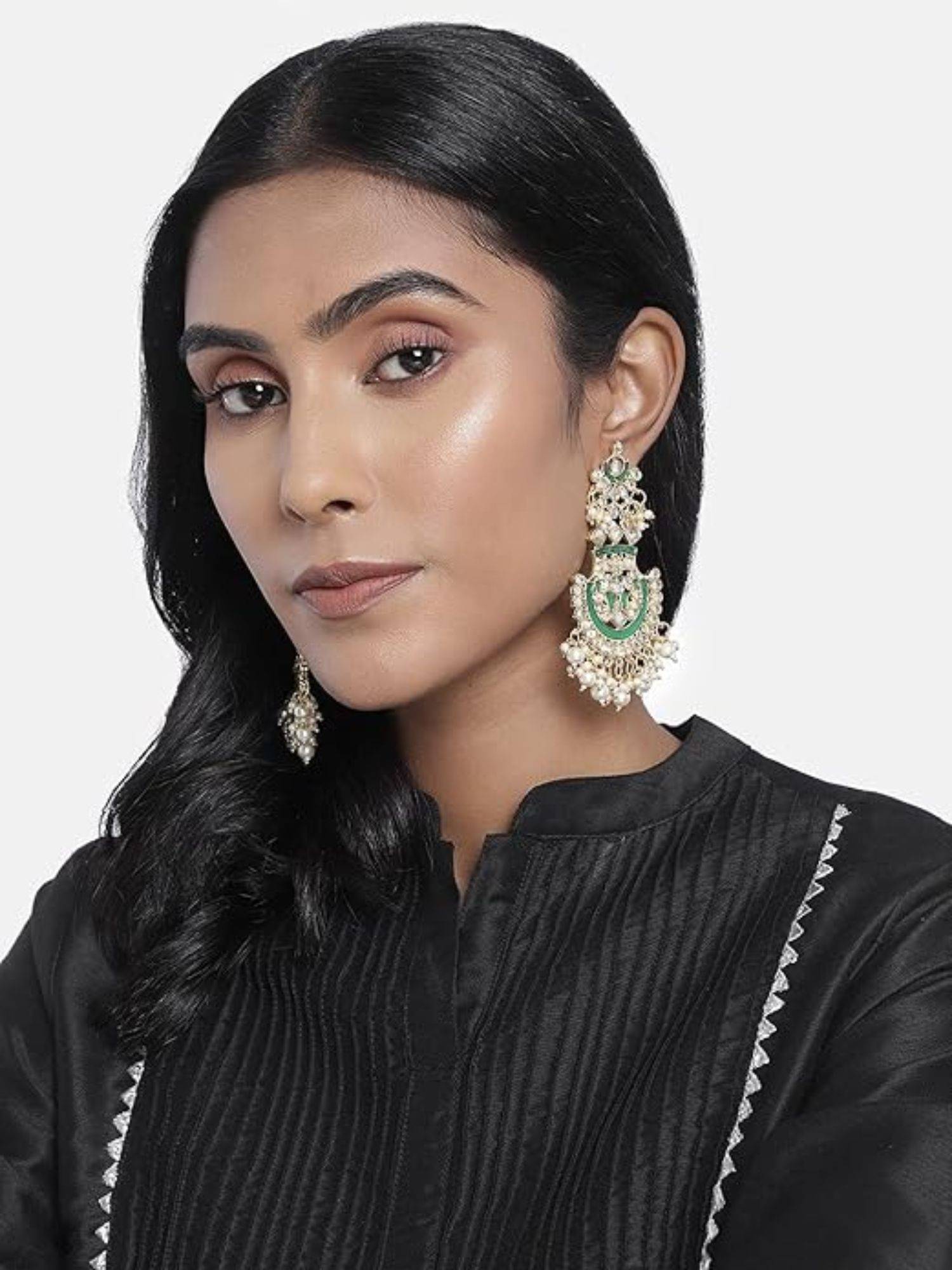 I Jewels Gold Plated Meenakari Glided with Kundan's and Pearls Green Earrings