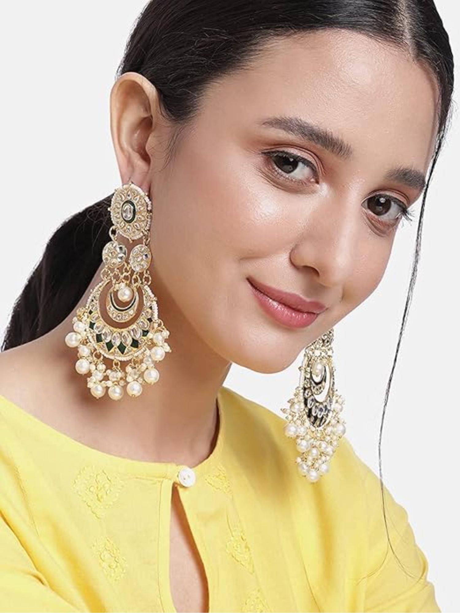 I Jewels Gold Plated Green Meenakari with Kundan's and Pearls Green Earrings