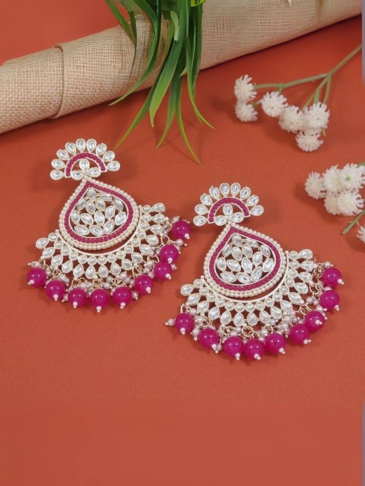 I Jewels Gold Plated Kundan Adorned with Pearls Pink Earrings
