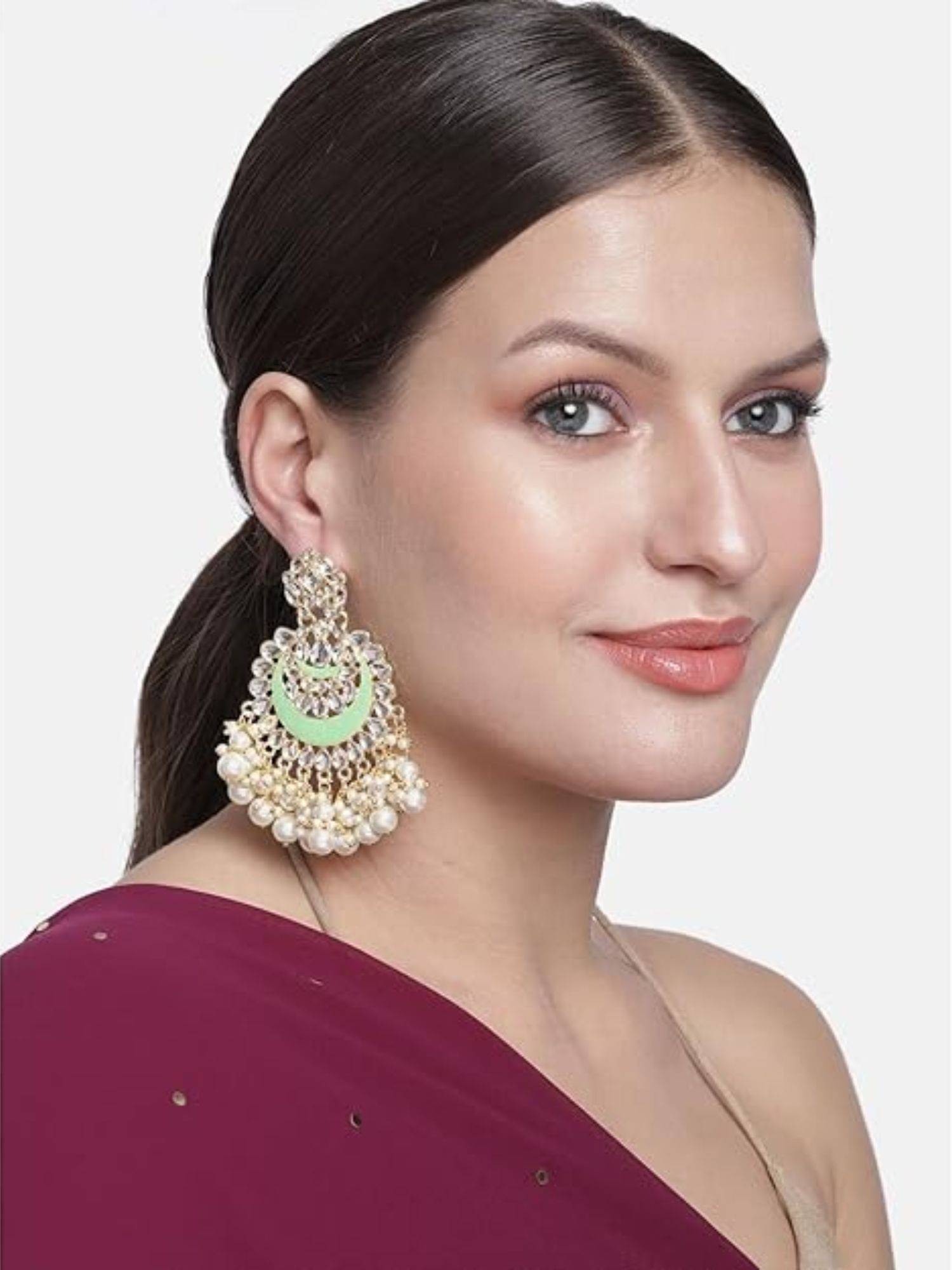 I Jewels Gold Plated Meenakari Chandbali with Kundan's and Pearl Green Earrings
