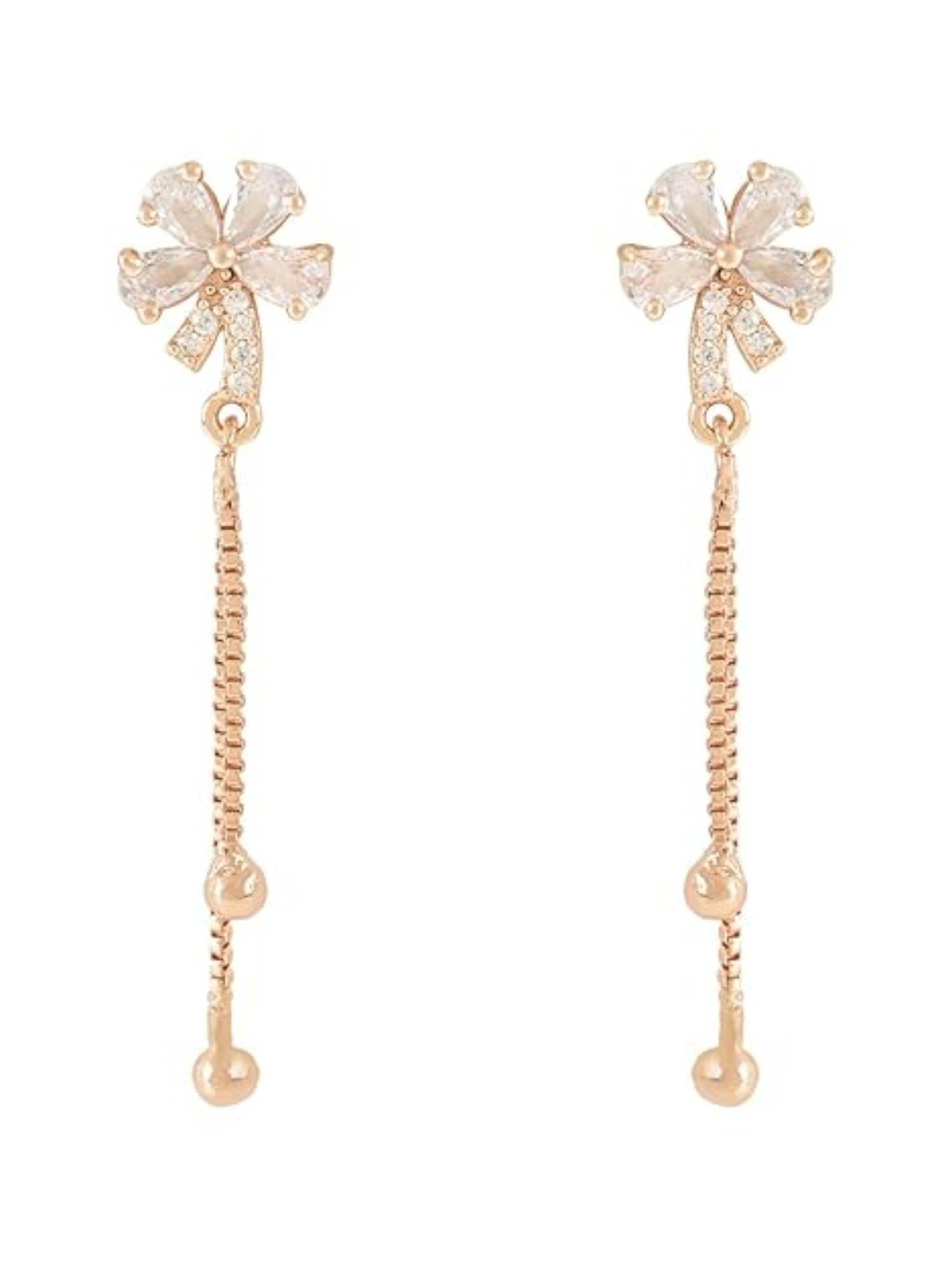 I Jewels Rose Gold Plated Cz American Diamond Pearl Studded Drop White Earrings