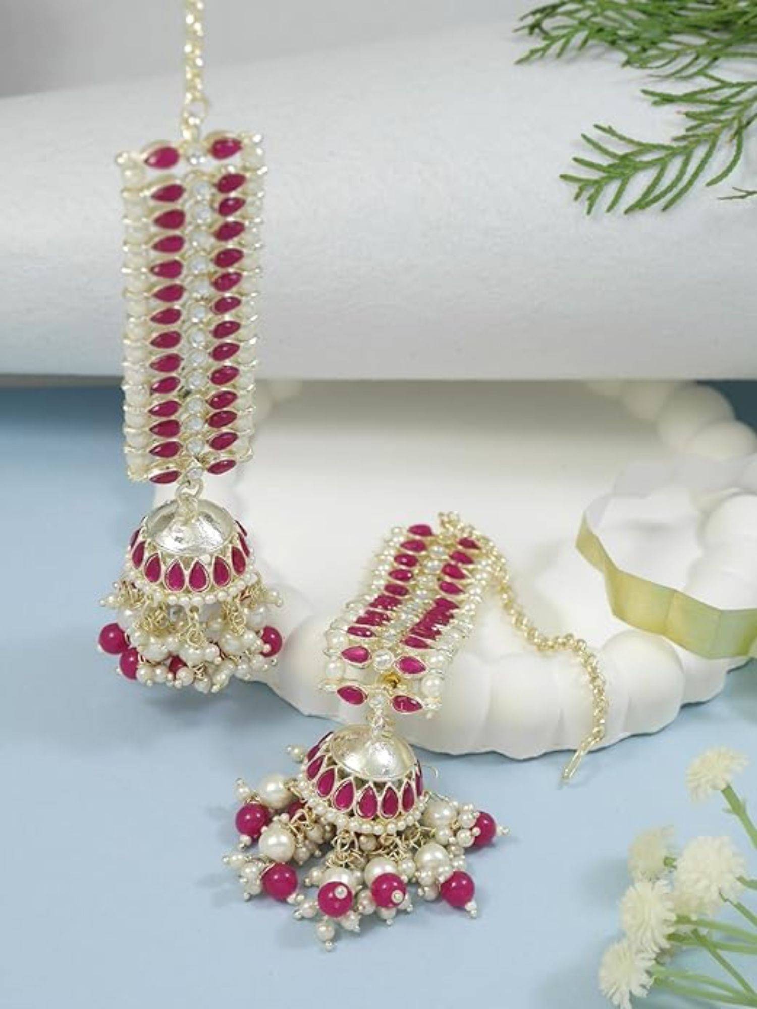 I Jewels Gold Plated Kundan Studded Pearl Jhumki Pink Earrings