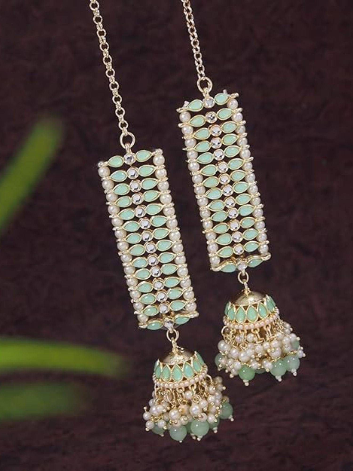I Jewels Gold Plated Kundan Studded Pearl Jhumki Green Earrings