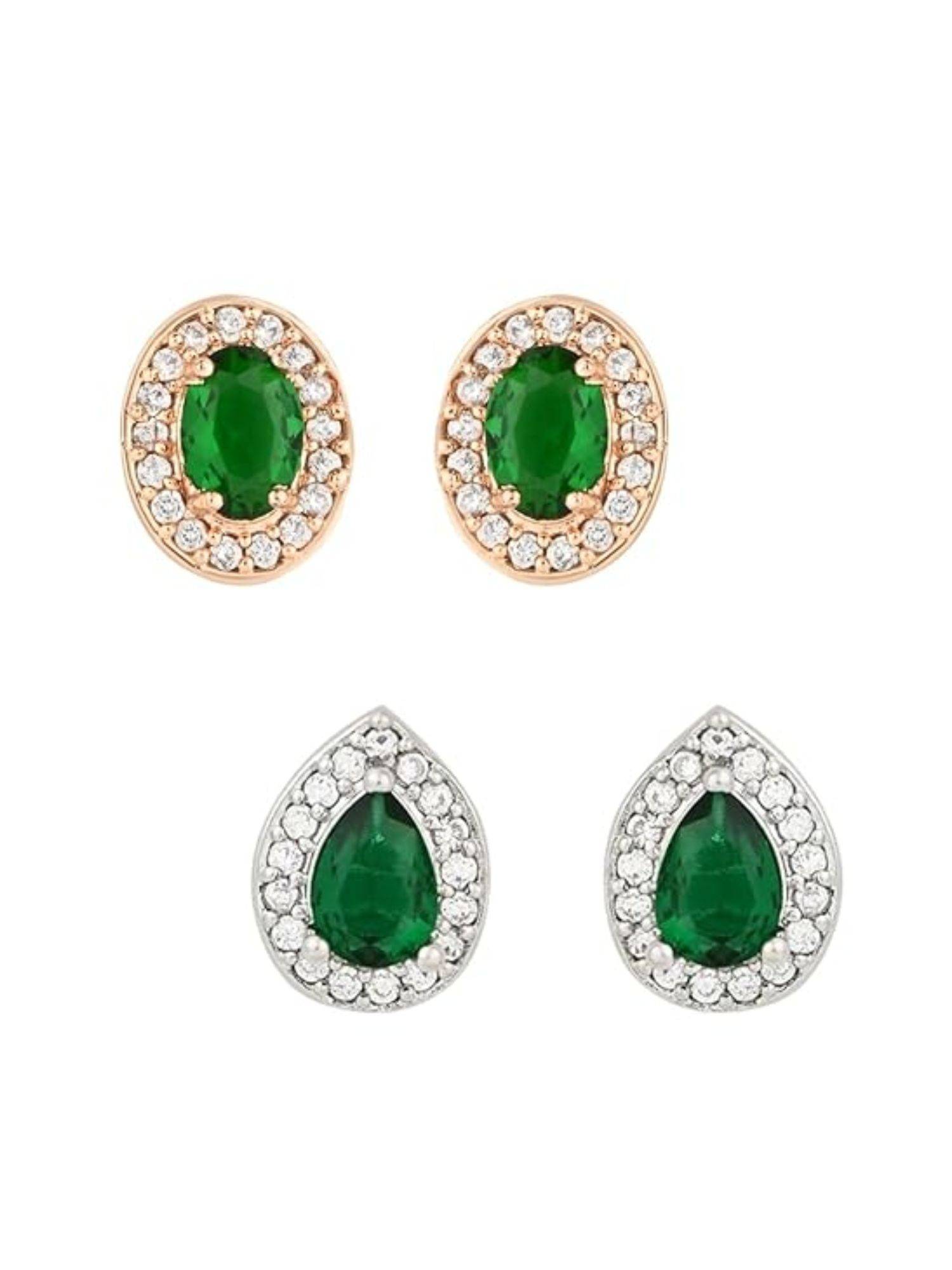 I Jewels Design Cz American Diamond Stud Green Earrings (Pack of 2)