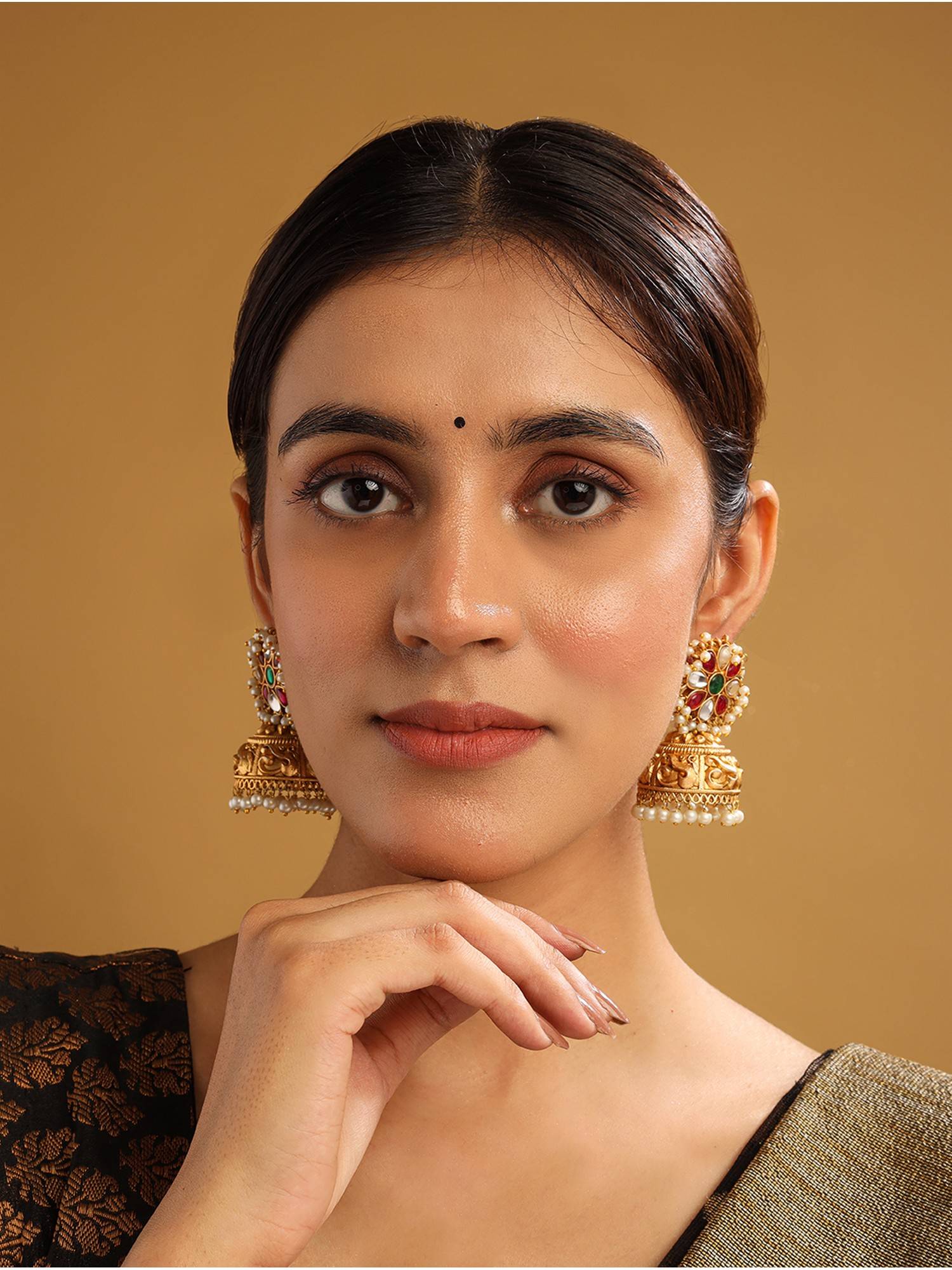 STILEADDA Gold Plated Kundan Jhumkas with Droplets
