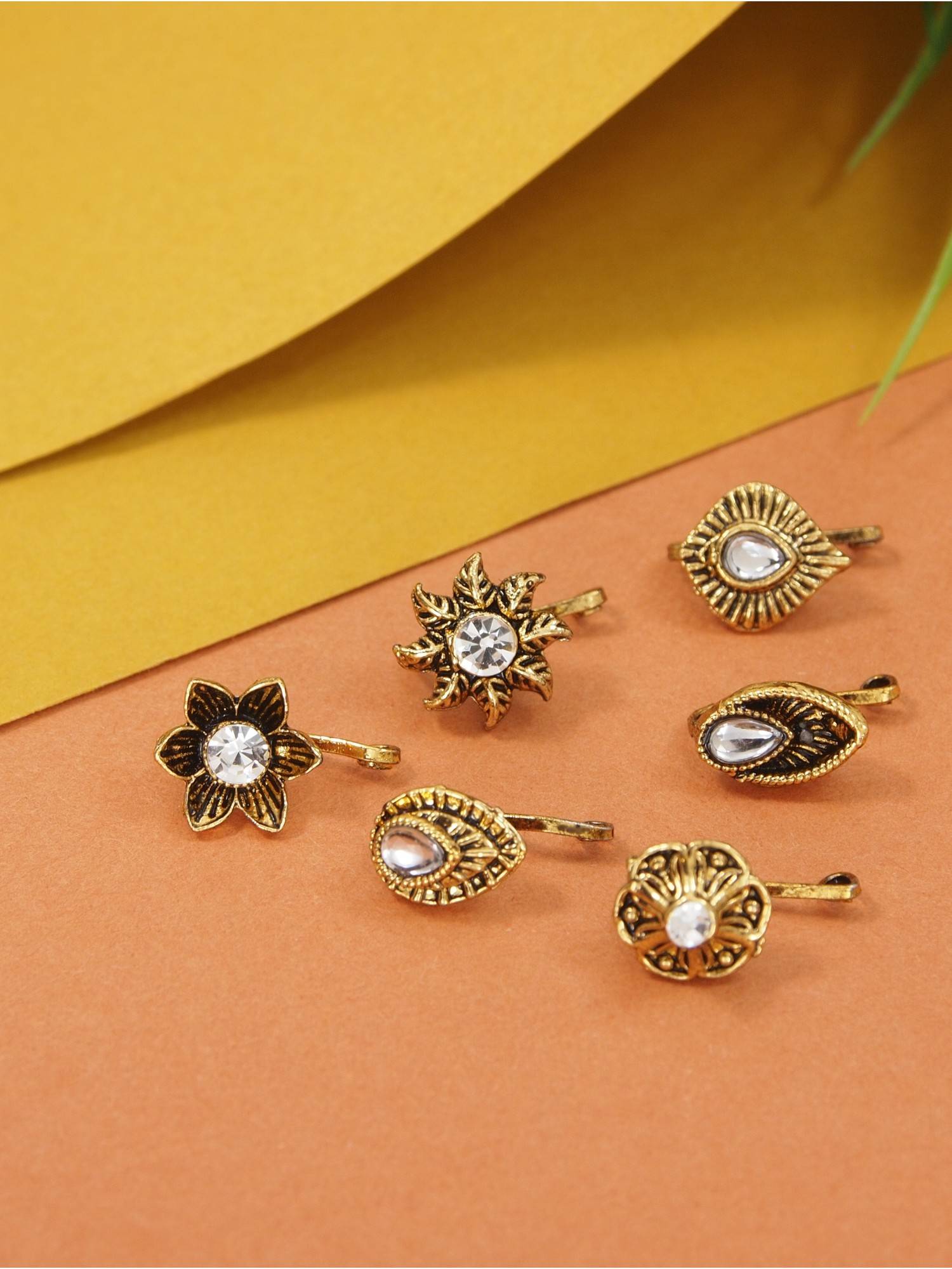 I Jewels Gold Plated Stone Studded Nose pin (Pack Of 6)