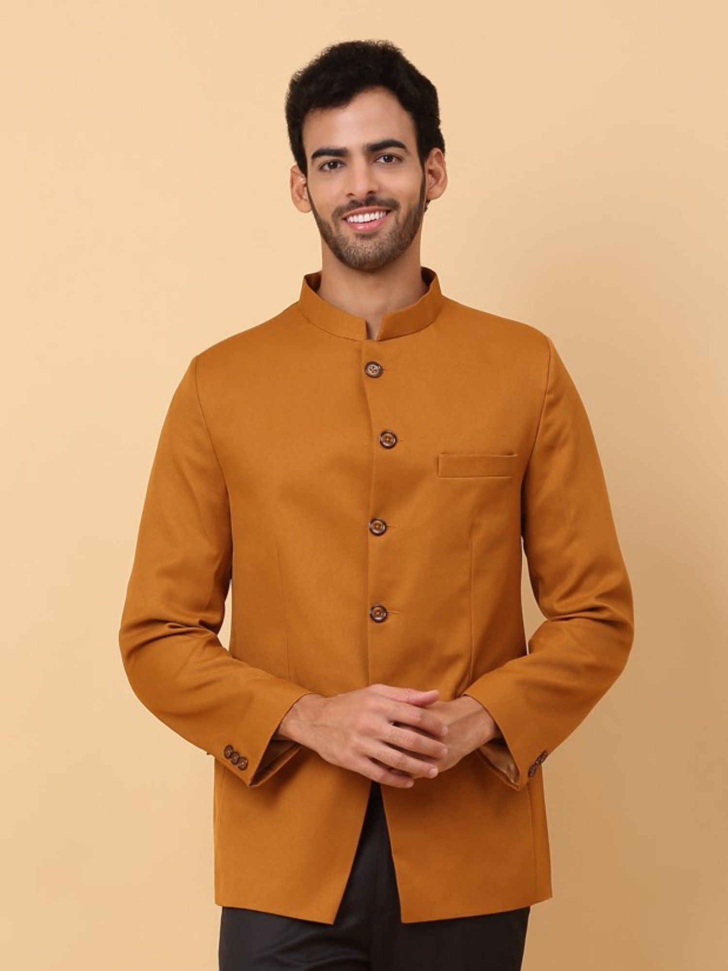 Buy Kraft India Regular Fit Mustard Cotton Twill Bandhgala Coat Online
