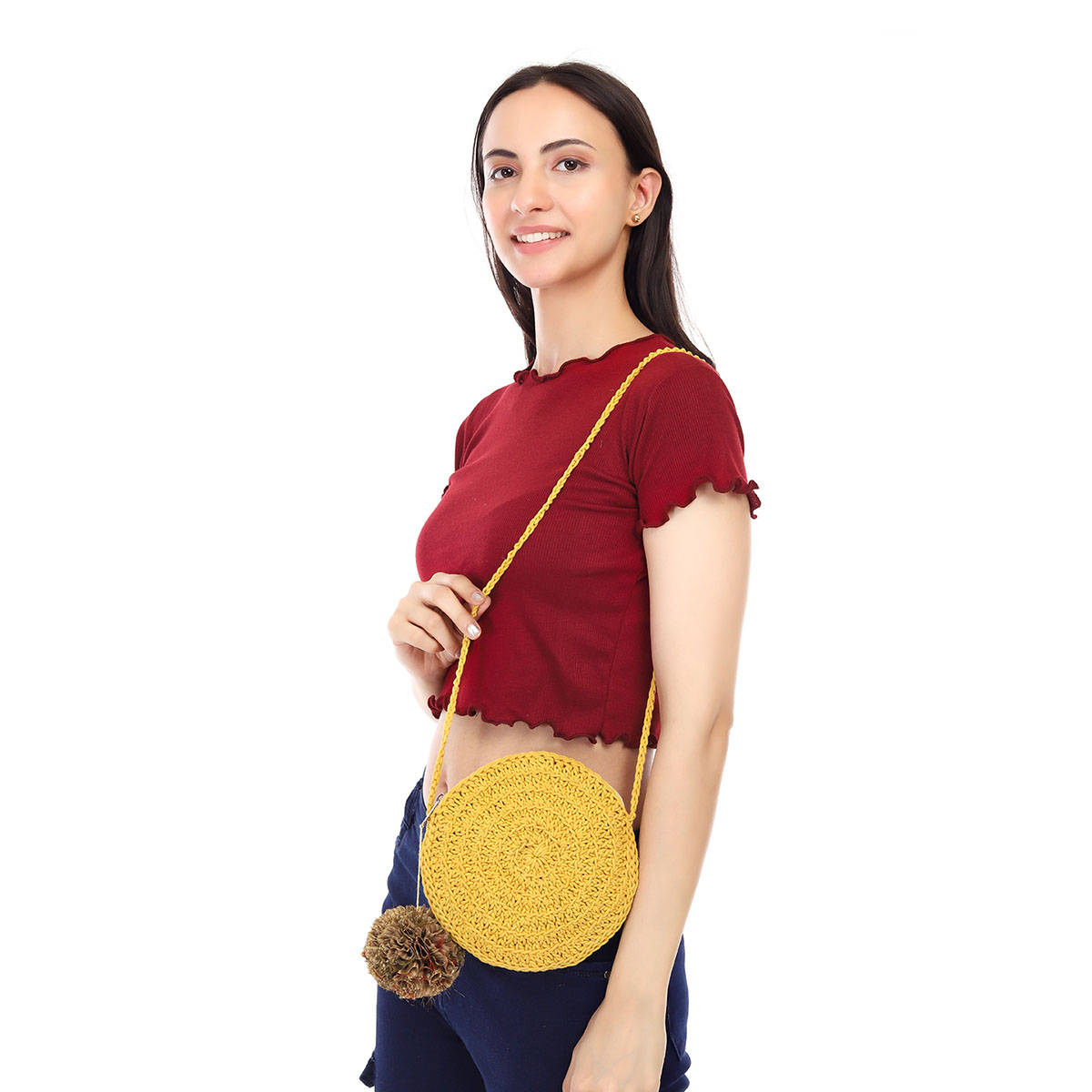 ITIHASIKALA Women Crochet Miniature Round Sling Bag- Yellow