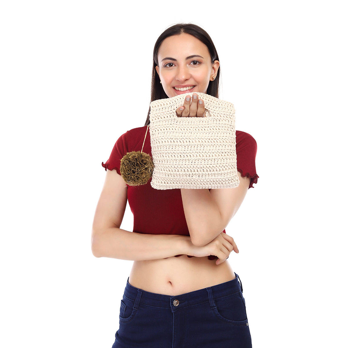 ITIHASIKALA Women Crochet Square Pouch - Off White