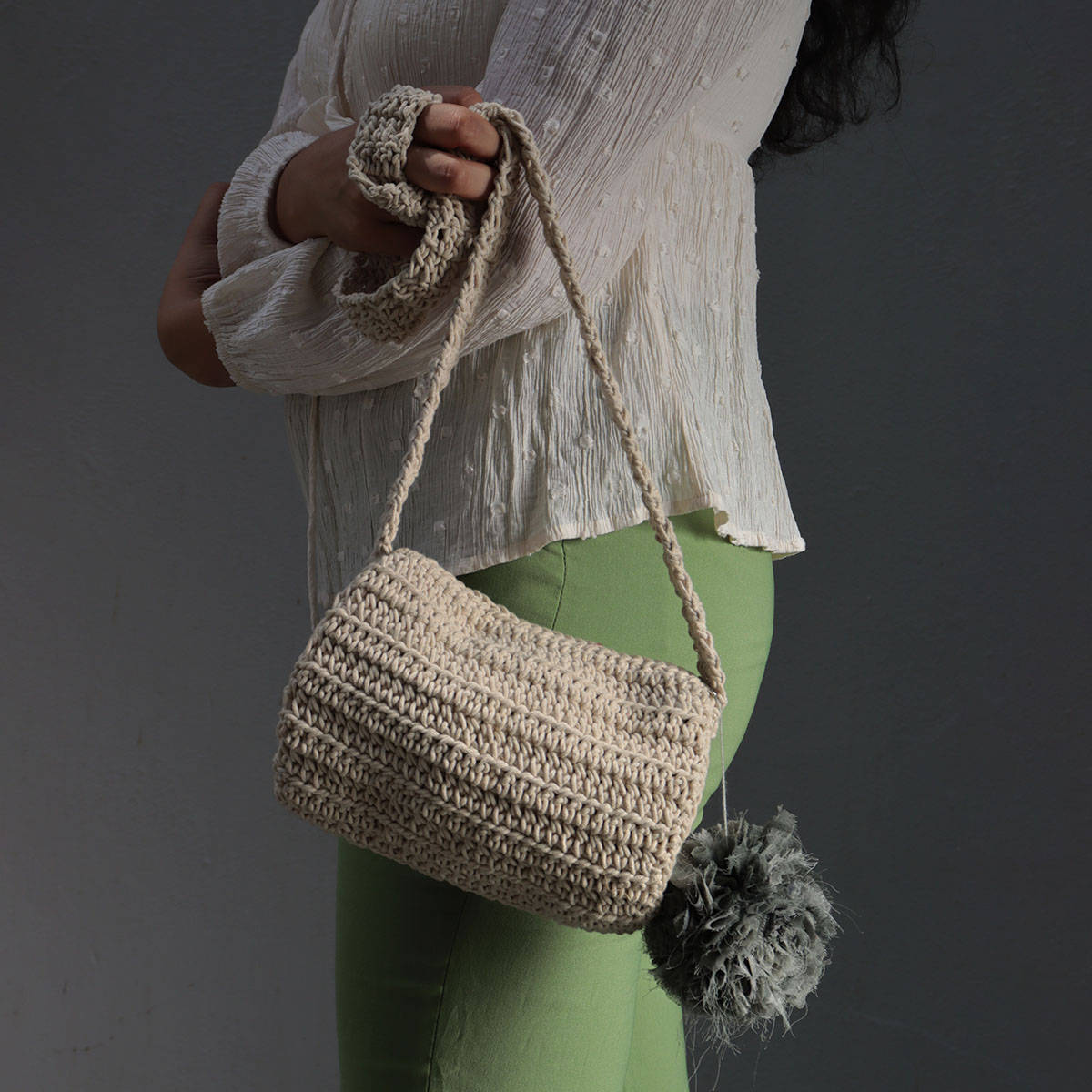 ITIHASIKALA Women Crochet Duffel Sling - Off White
