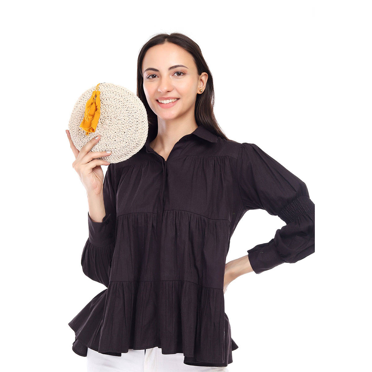 ITIHASIKALA Women Miniature Crochet Round Pouch - Off White