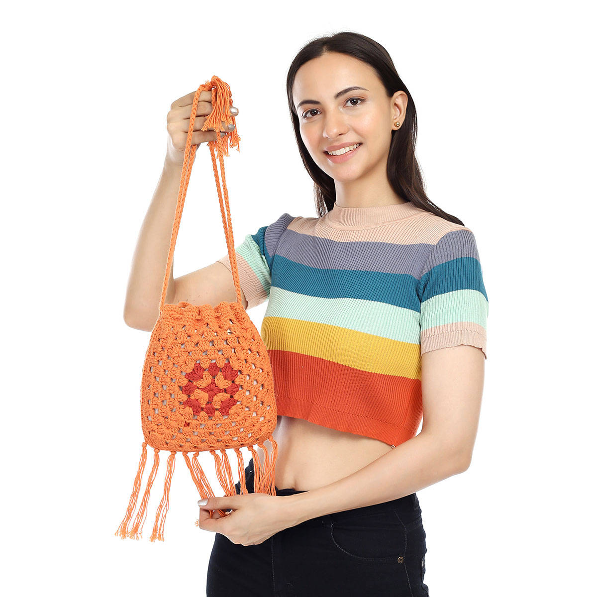 ITIHASIKALA Women crochet Potli Bag- Orange