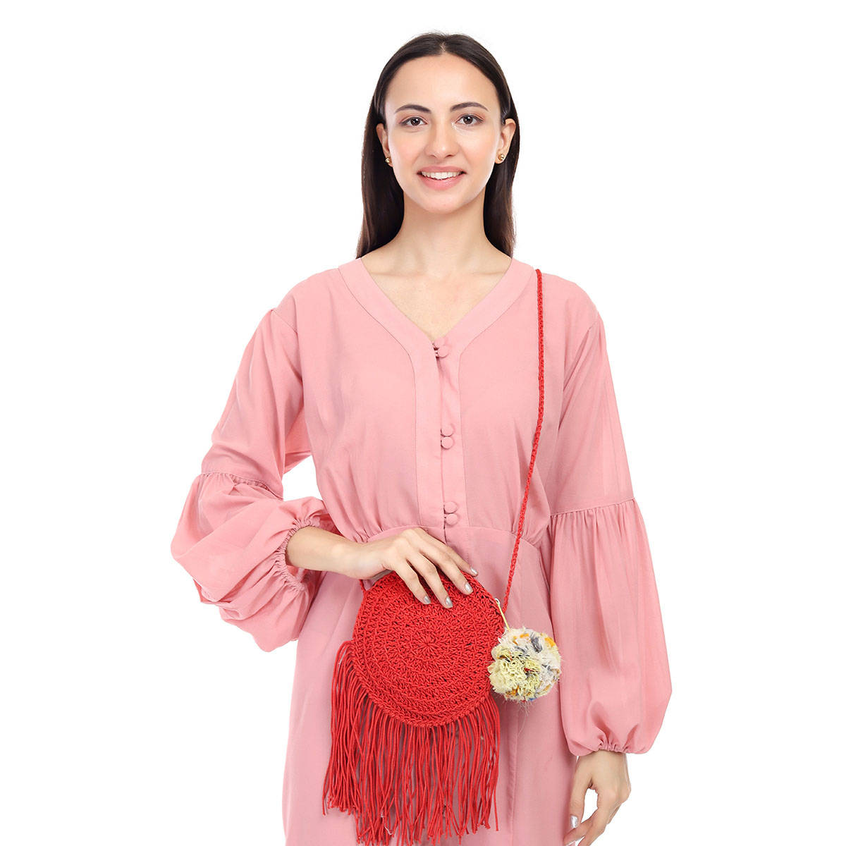 ITIHASIKALA Women Crochet Miniature Sling Bag - Red