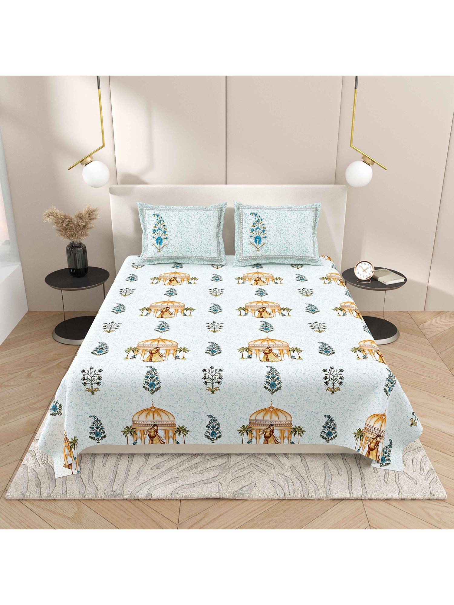 INDRA'S 100% Cotton 160 TC Blue King Bedsheet with 2 Pillow Covers