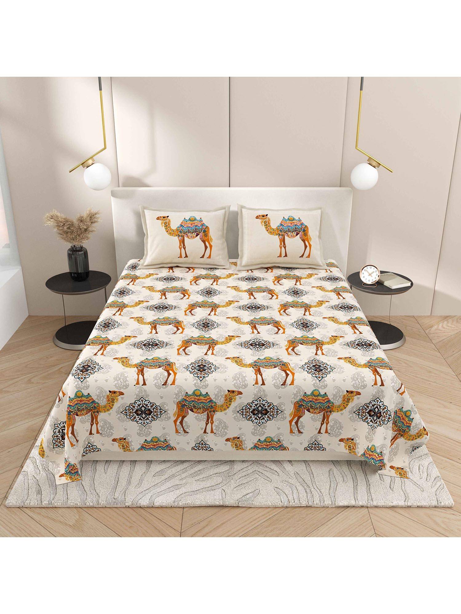 INDRA'S 100% Cotton 160 TC Yellow Graphic King Bedsheet with 2 Pillow Covers