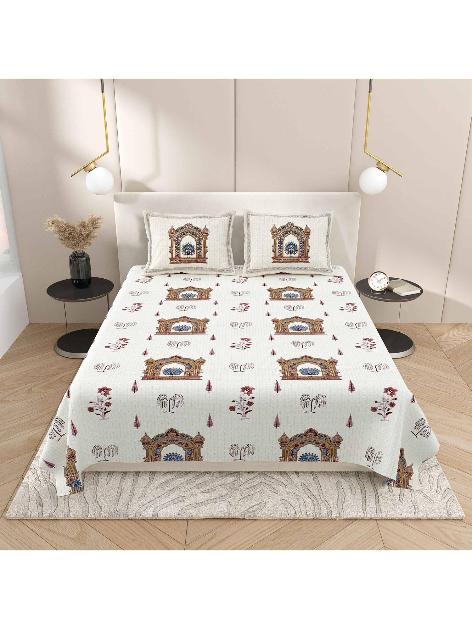 INDRA'S 100% Cotton 160 TC Ivory King Bedsheet with 2 Pillow Covers
