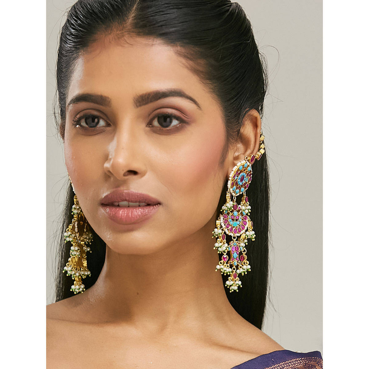 Nuyug Multi-Color Brass 22K Gold Plated Kundan Pair Of Earrings