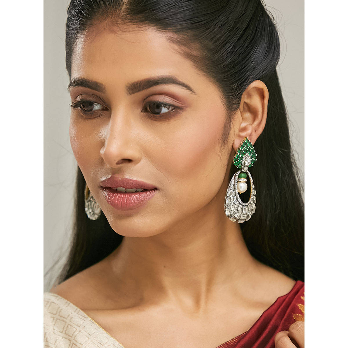 Nuyug Green Brass 22K Gold Plated Stones Pair Of Earrings