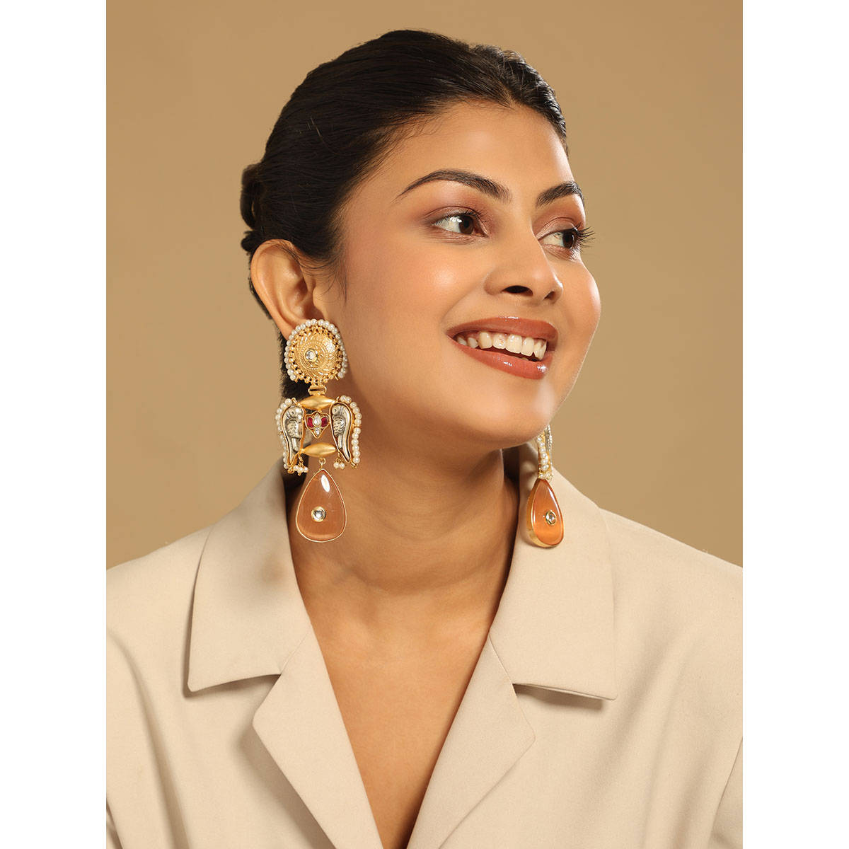 Nuyug Red Brass 18K Gold Plated Stones Pair Of Earrings