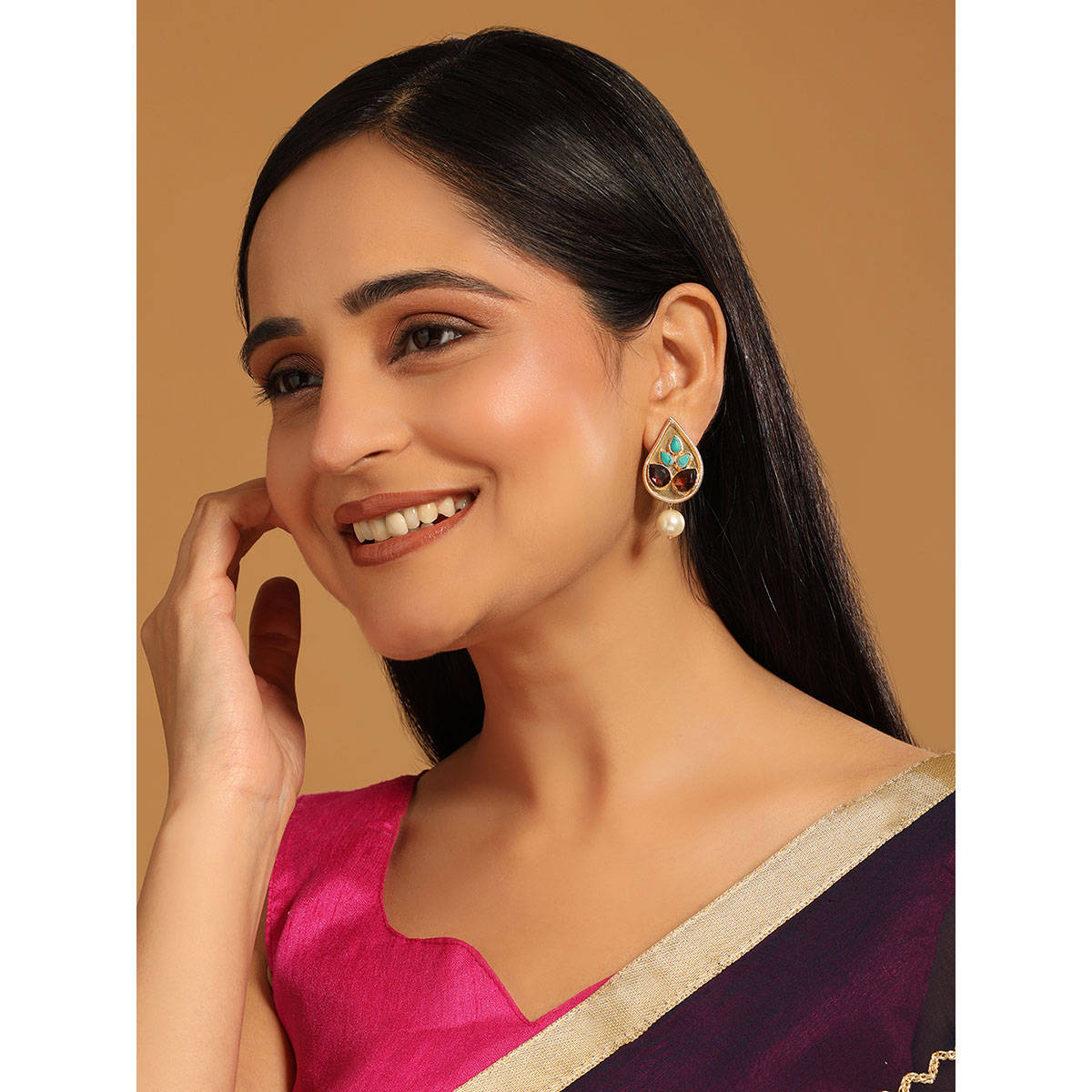 Nuyug Multi-Color Brass 22K Gold Plated Stones Pair Of Earrings