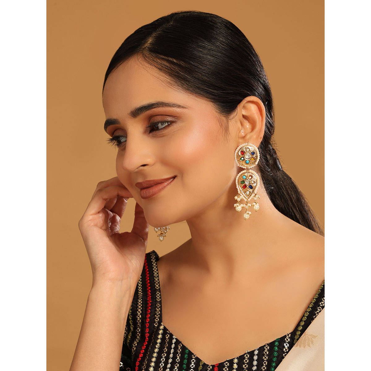 Nuyug Multi-Color Brass 22K Gold Plated Stones Pair Of Earrings