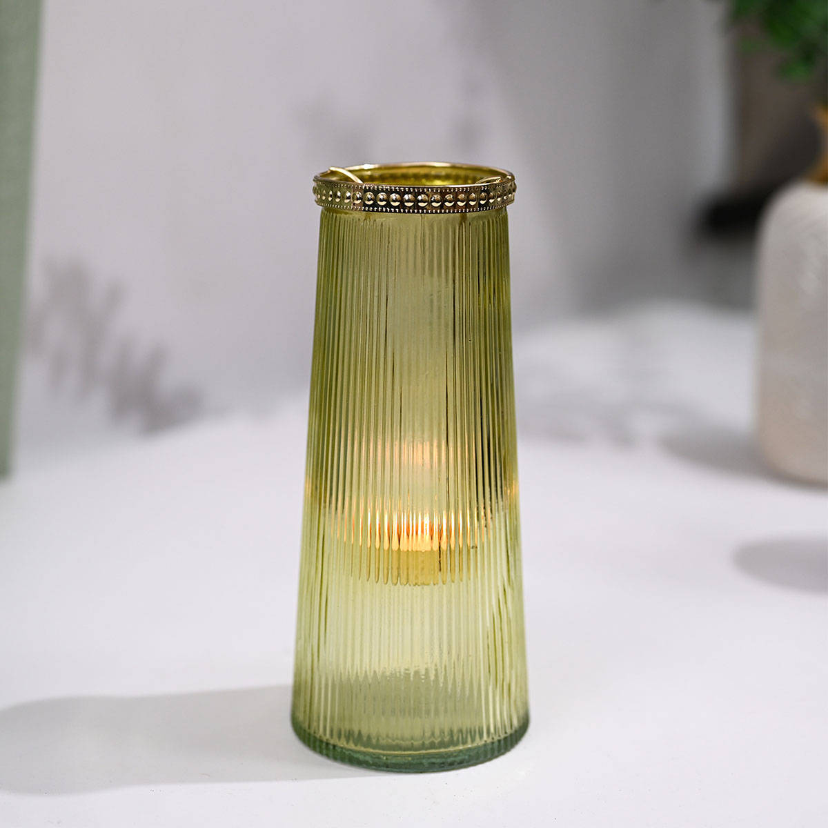 Voncasa Cone Yellow Glass Tea Light Holder