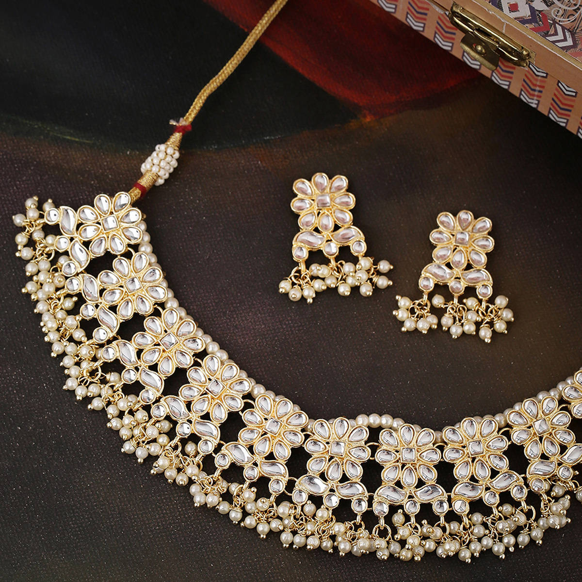 Shoshaa Gold Tone Kundan Pearl Beaded Choker With Earrings