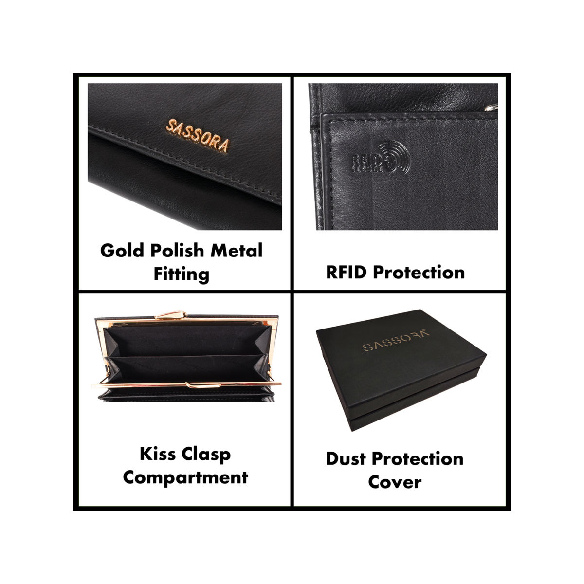 Buy Sassora Black Genuine Leather RFID Women Purse (M) Online