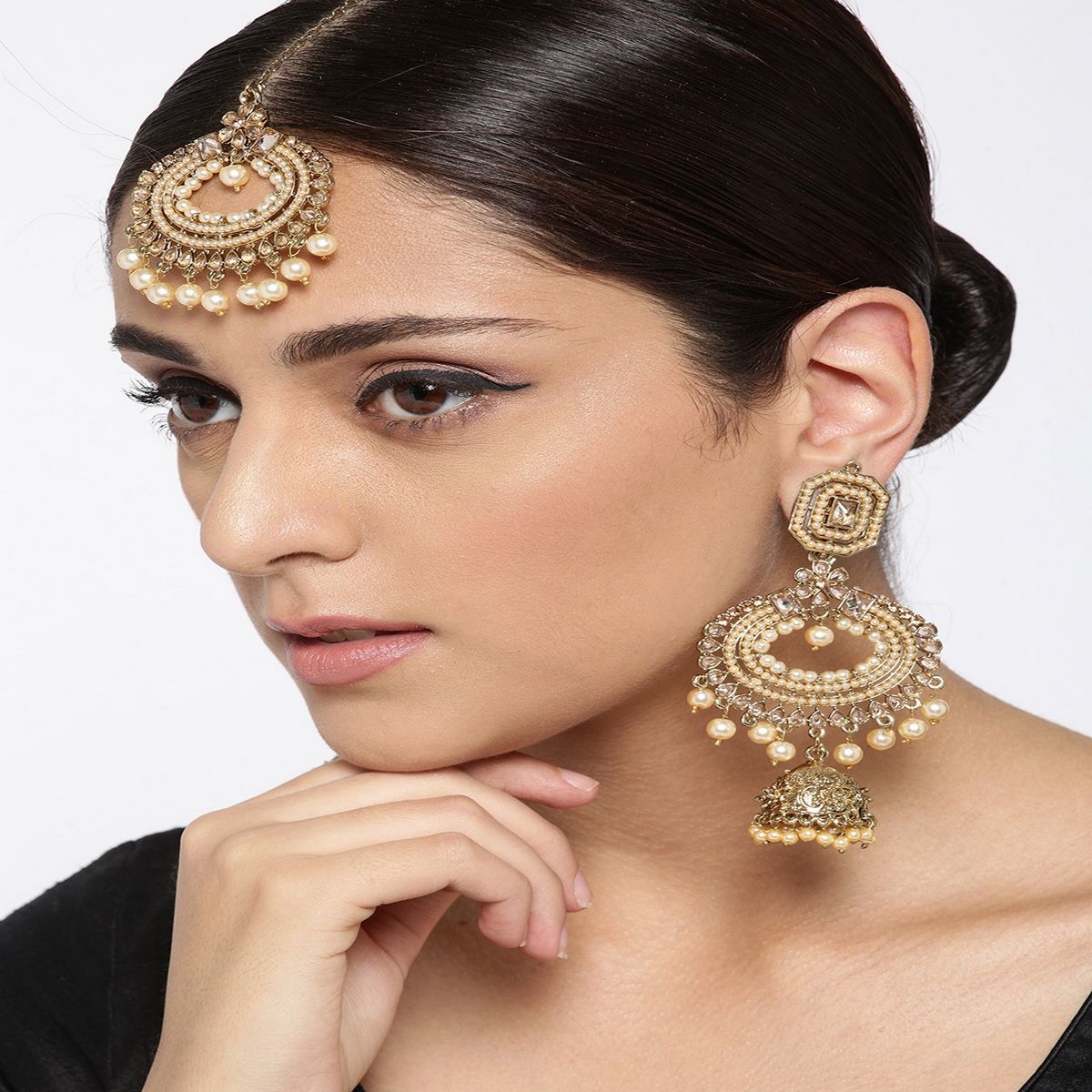 Brass WeddingParty Wear Fashion Artificial Earrings With Maang Tikka