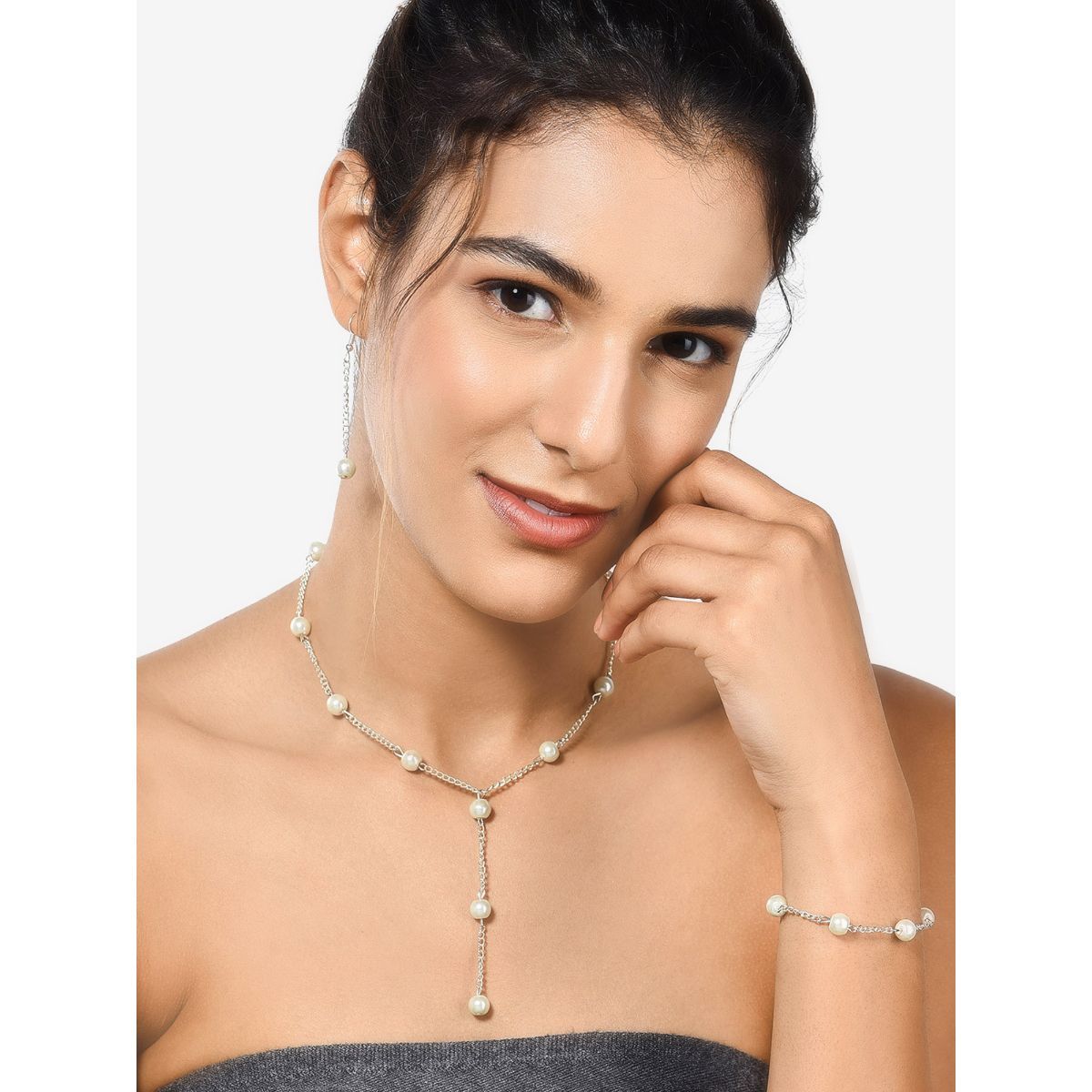 Zaveri Pearls Silver Tone Contemporary Pearls Chain Necklace Earring