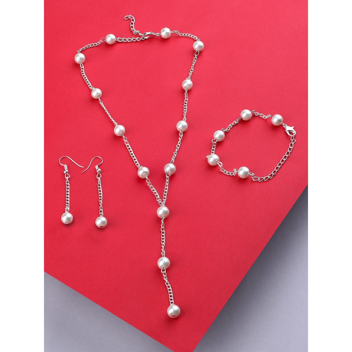 Zaveri Pearls Silver Tone Contemporary Pearls Chain Necklace Earring