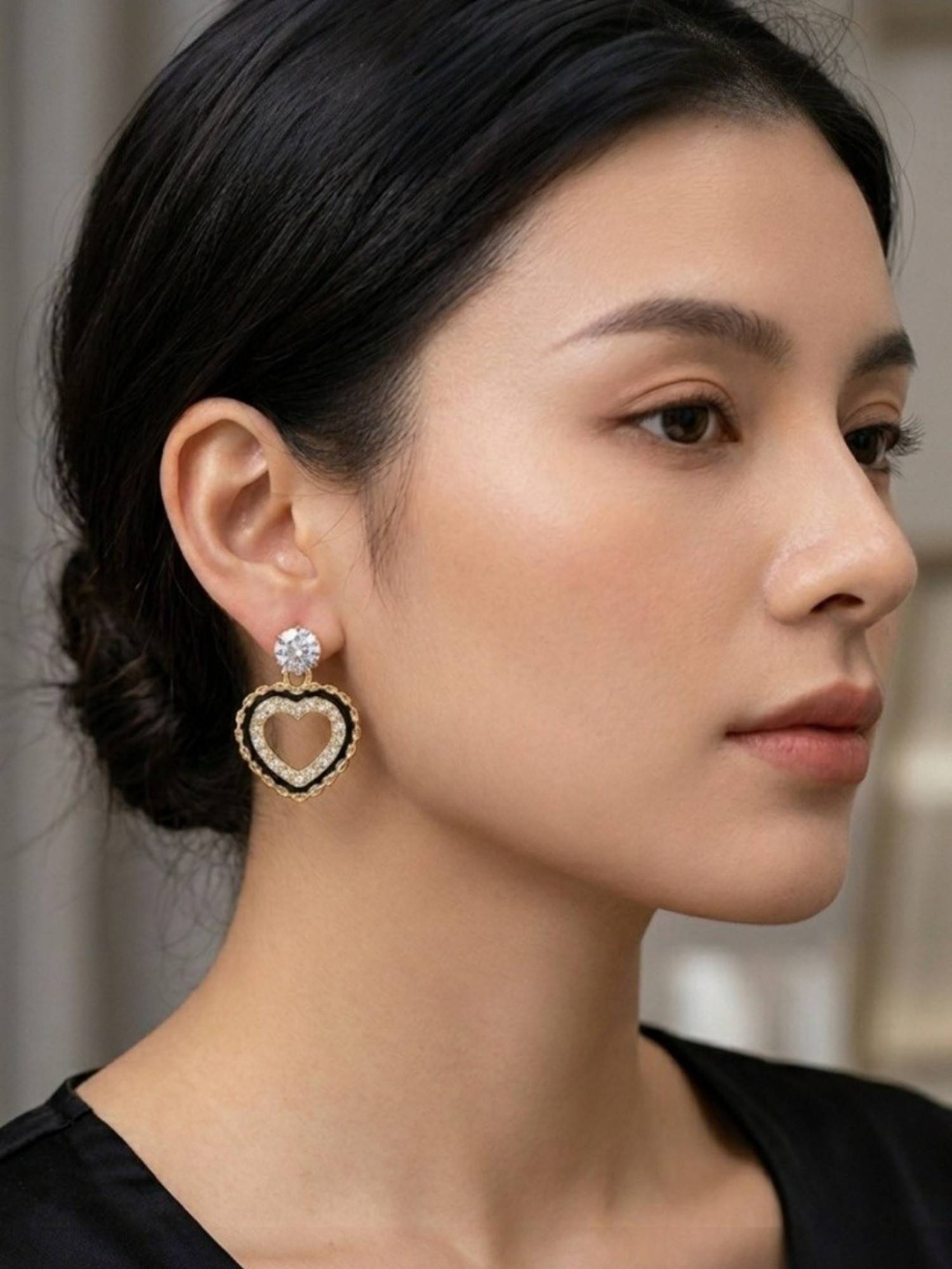 Accessher Gold Ad Heart Black Enamel Drop Earrings