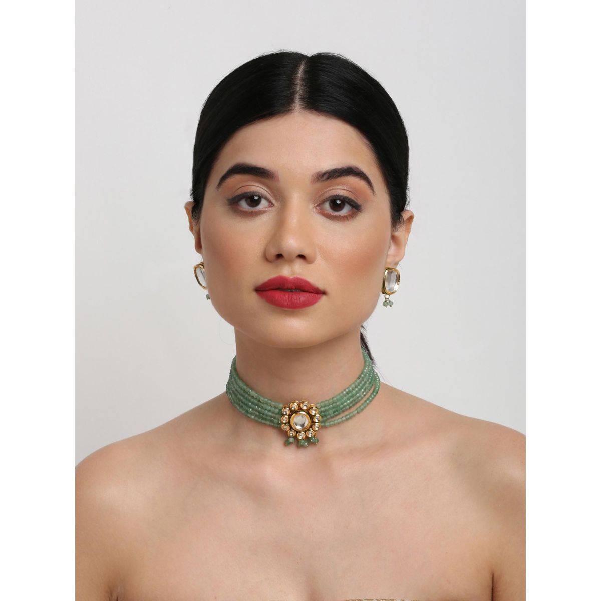 RUBY RAANG STUDIO Gold-Toned Green Faux Kundan-Studded Faux Pearl Beaded Meenakari Jewellery Set