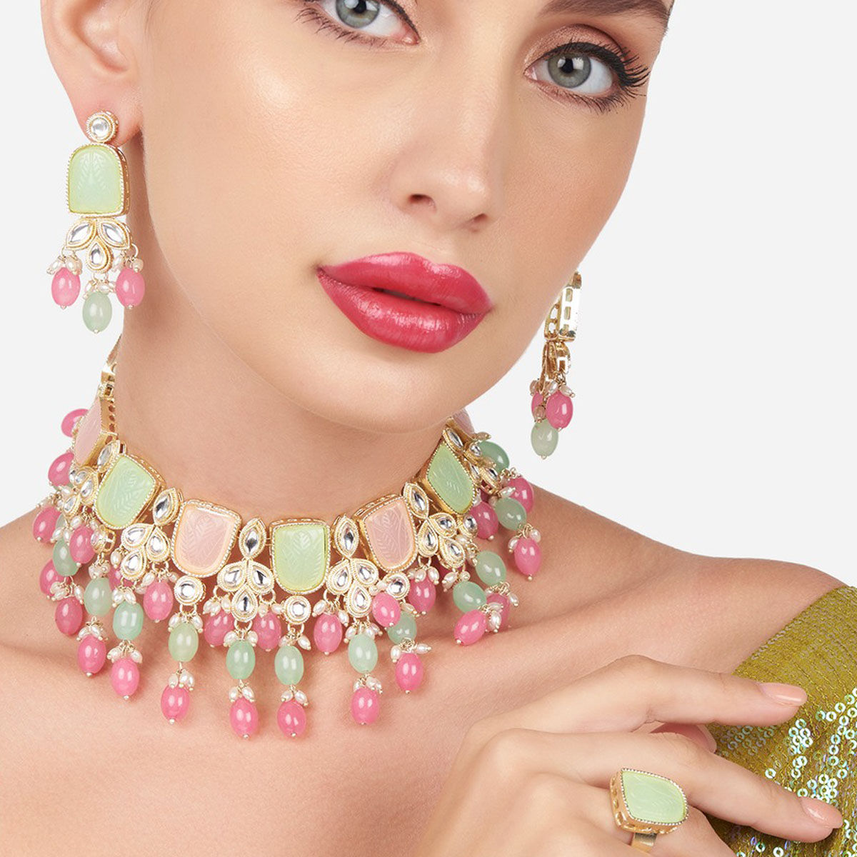 Buy Indian Jewelry Jewellery/dark Gold Pink, Green, Peach Necklace  Set/bollywood Gold Indian Jewelry Oakland Set /bridesmaid Jewelry Sets  Online in India - Etsy