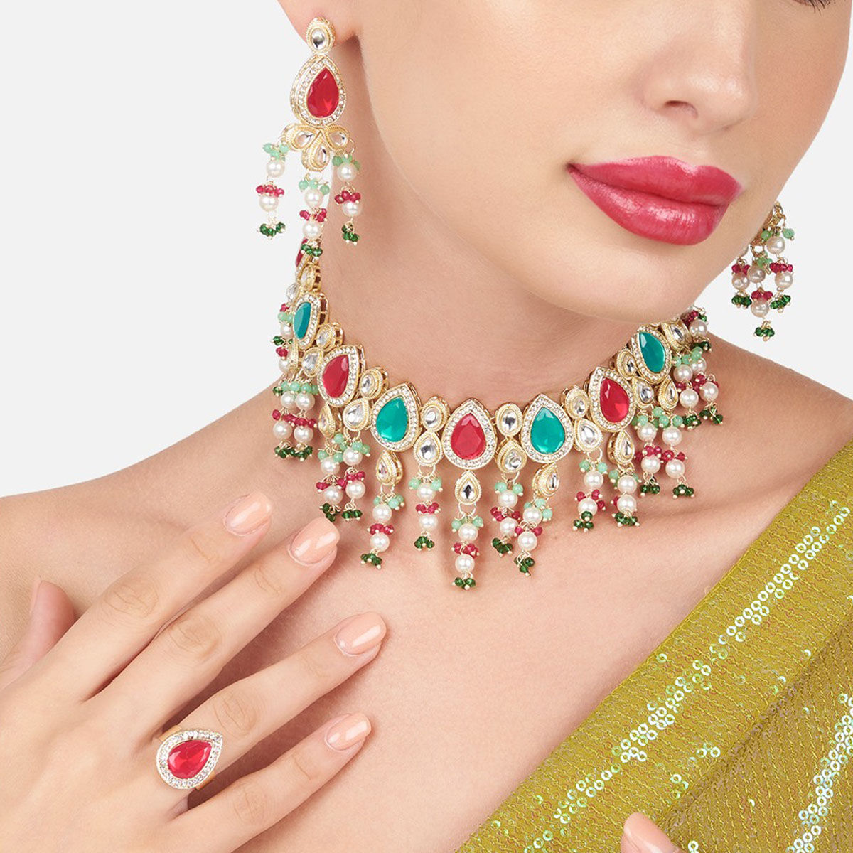 Buy Zaveri Pearls Multicolor Stones Kundan Choker Necklace Earring And