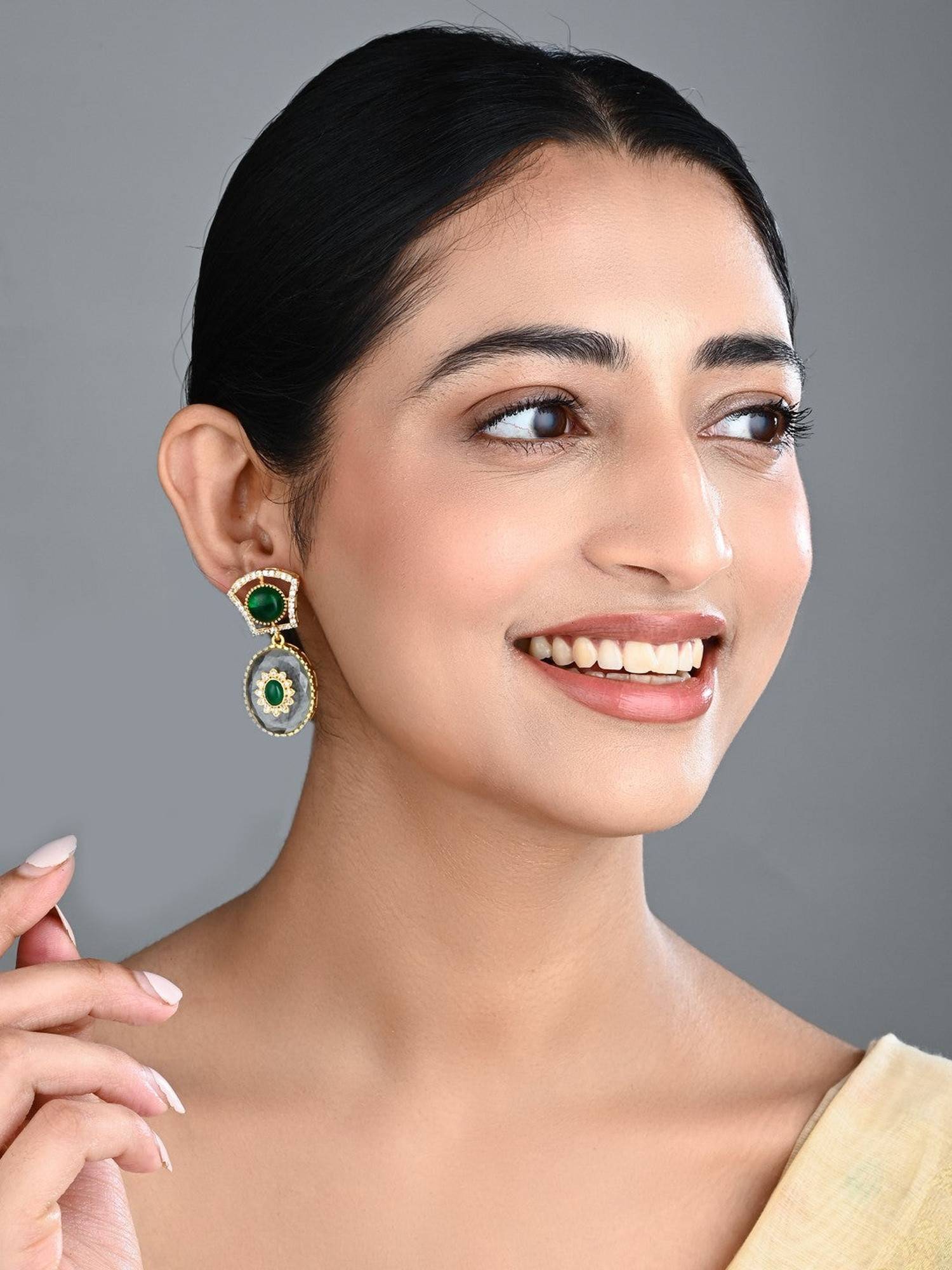Anvik Monalisa Green Stone and Gold-Tone Transparent Stone Drop Earrings