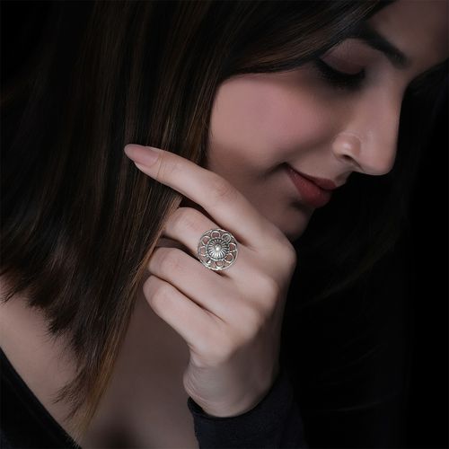 Buy Giva 925 Oxidised Silver Flower Blossom Adjustable Ring For