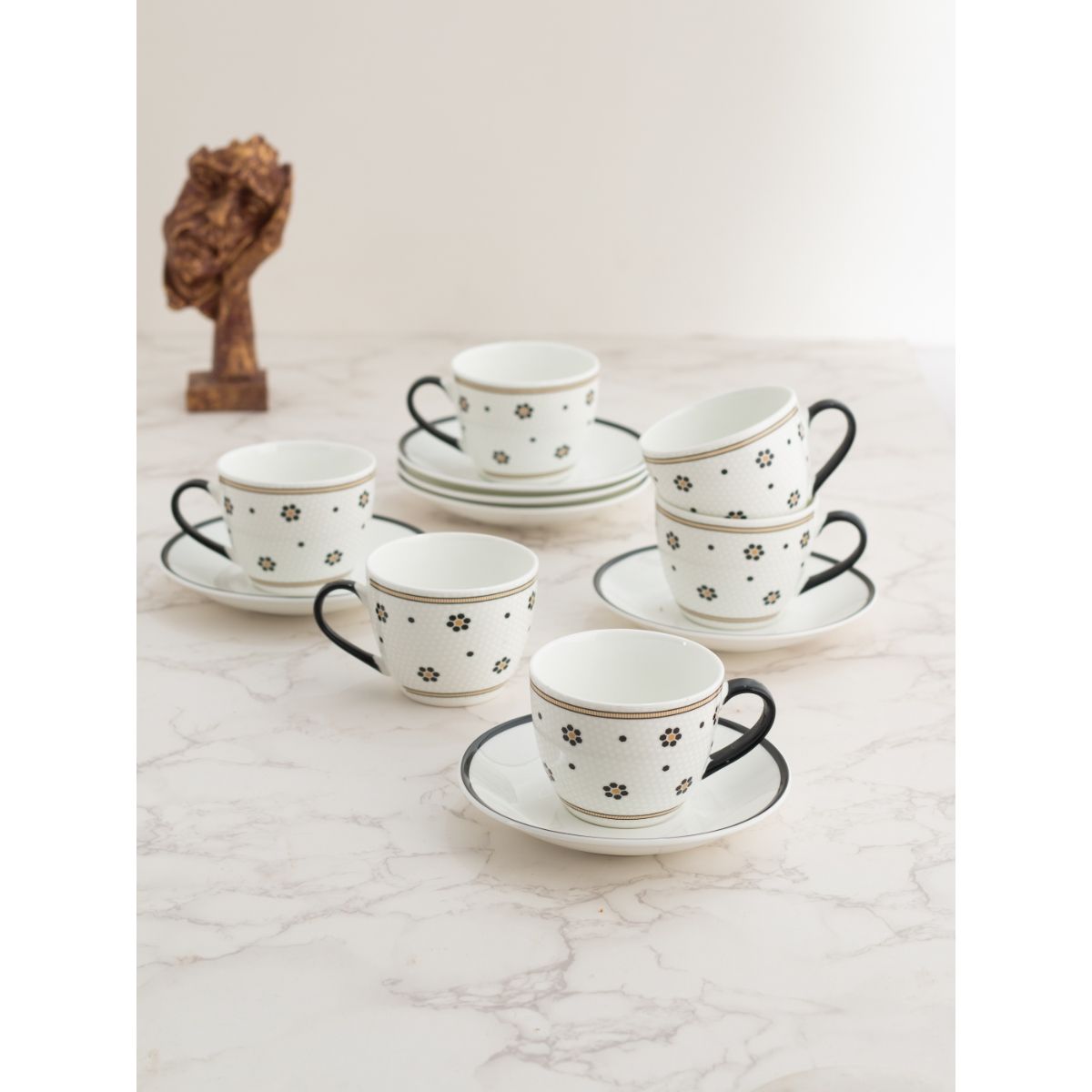CLAY CRAFT Fine Ceramic Monochrome Cup & Saucer Set Of 12 ( 6 Cups, 6
