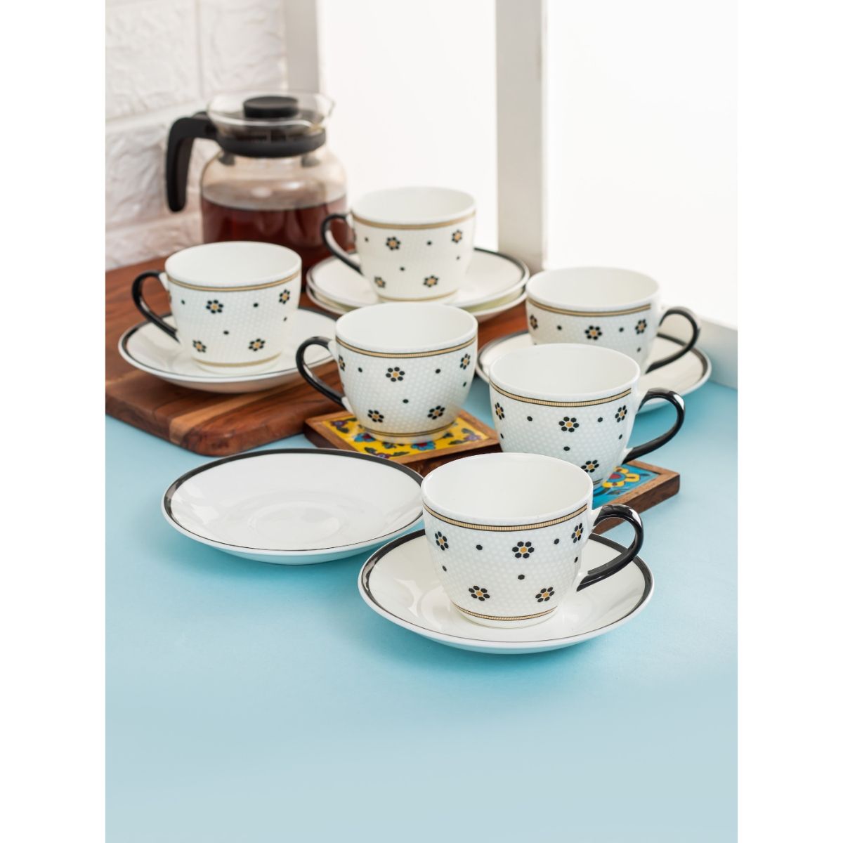 CLAY CRAFT Fine Ceramic Monochrome Cup & Saucer Set Of 12 ( 6 Cups, 6