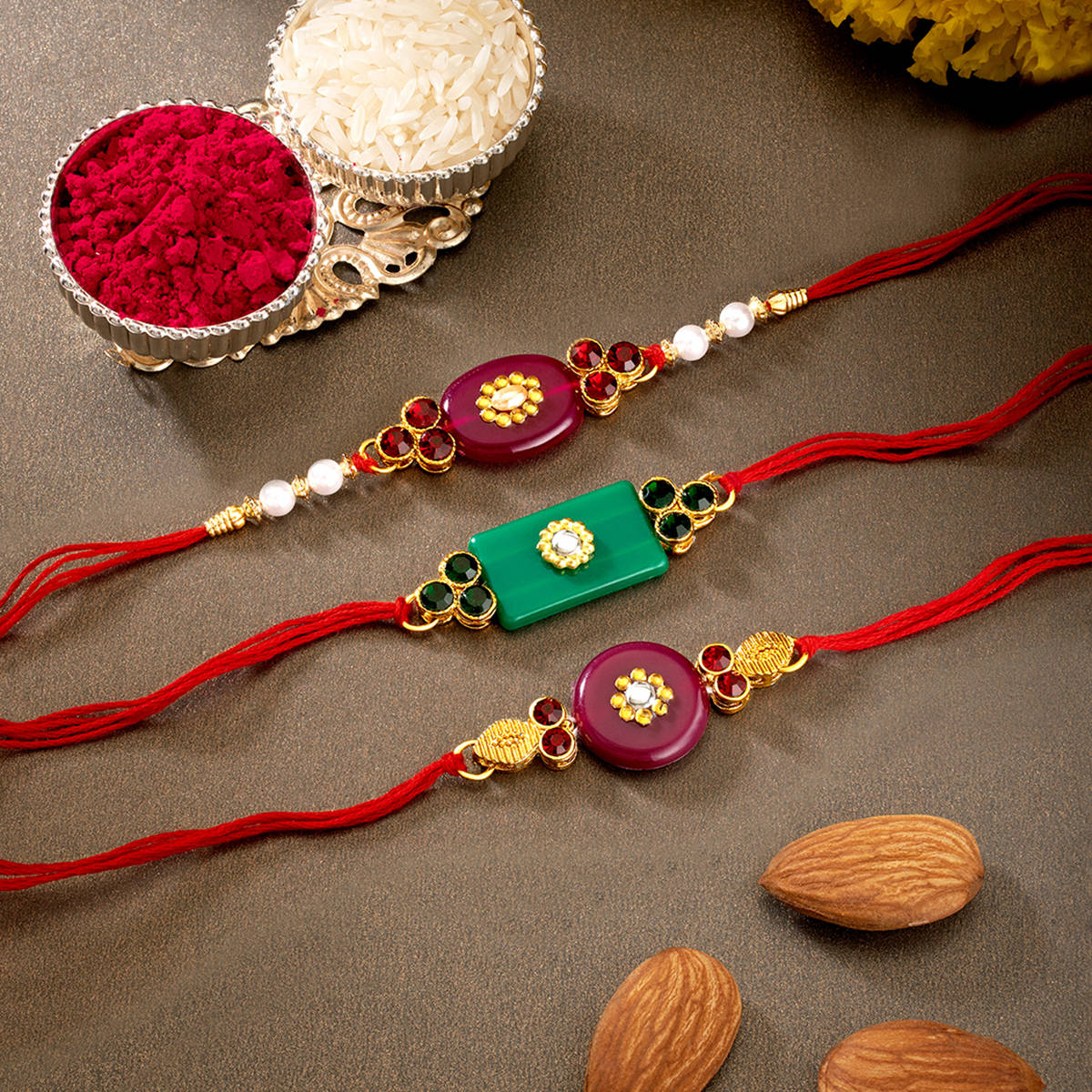 Peora Multi Color Men Kundan Beaded Rakhi with Roli Chawal Greeting Card (Set of 6)
