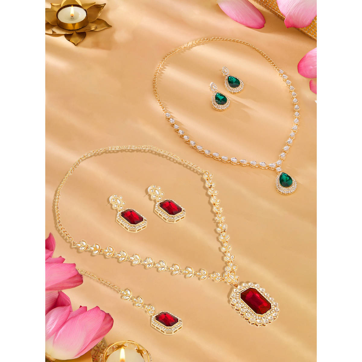 Zaveri Pearls Pack Of 2 Red Green Stones Necklaces Earrings Maangtikka Set