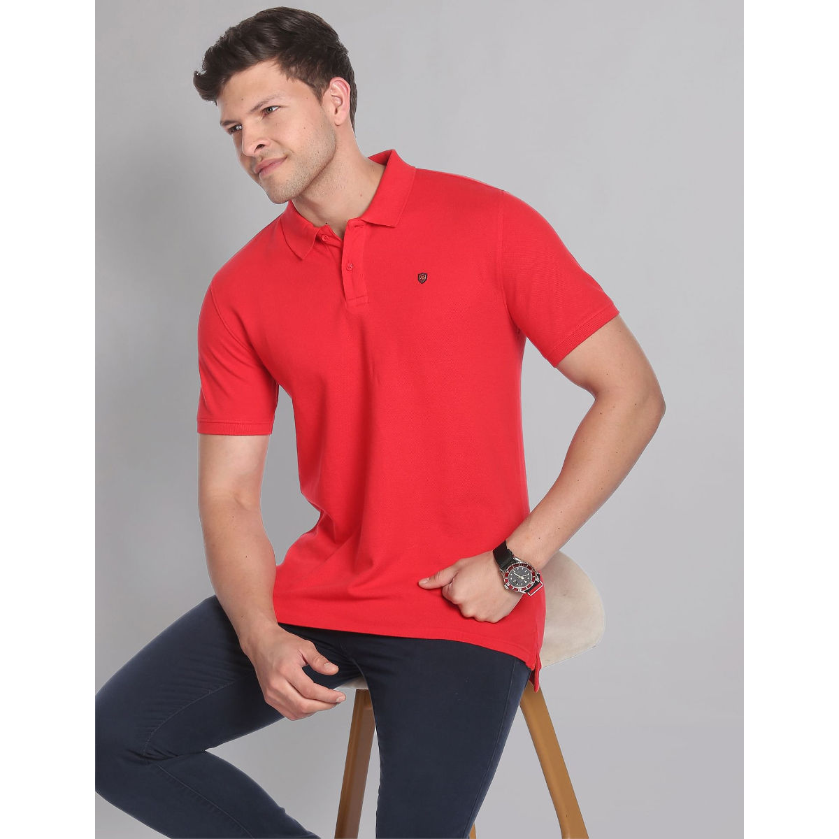 Buy AD By Arvind Red Polo Neck Modern Fit Self Designed T shirts