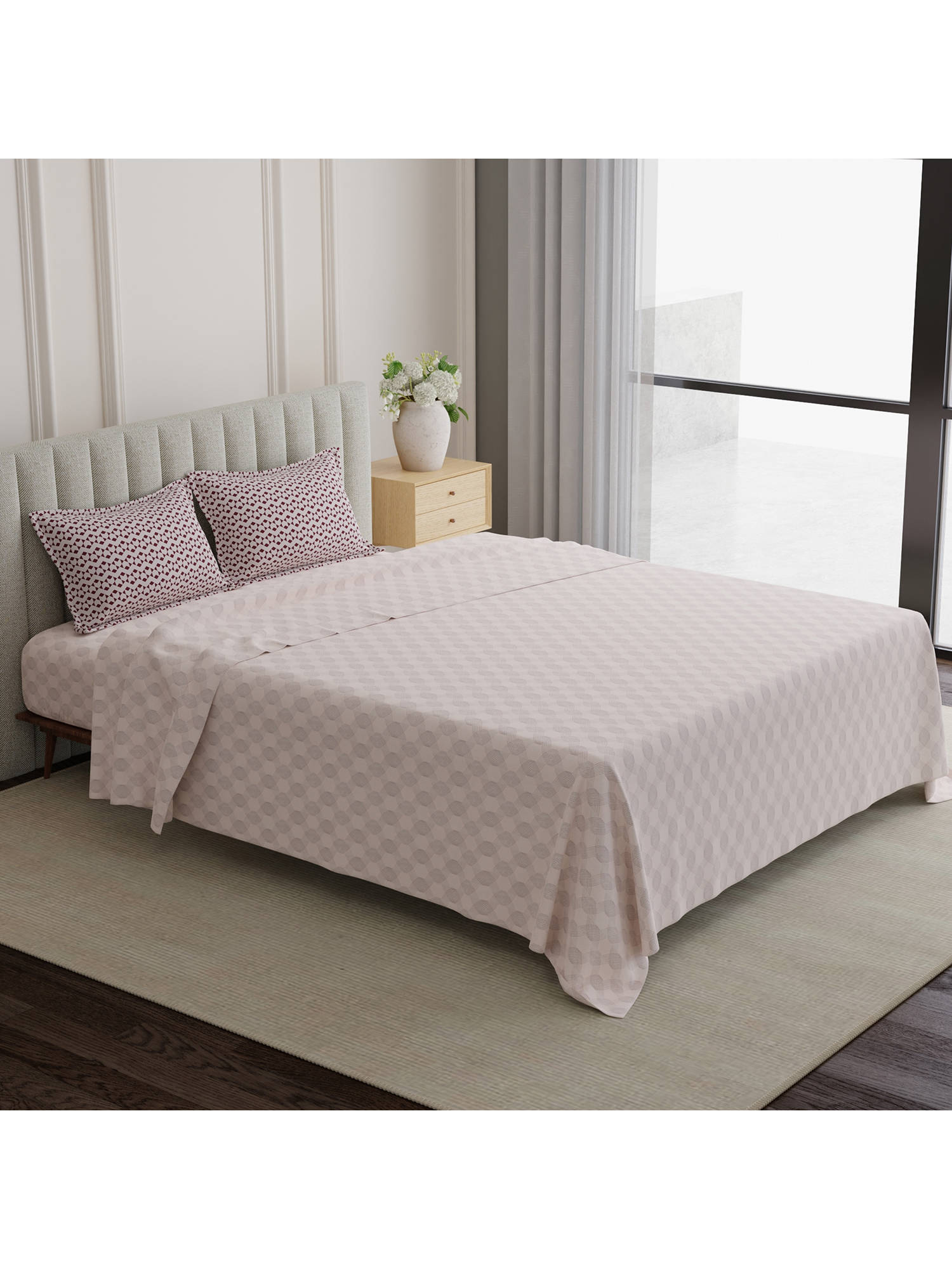 Boutique Living Embrace 100% Cotton 152 TC White & Pink Geometric King Bedsheet With Pillow Covers