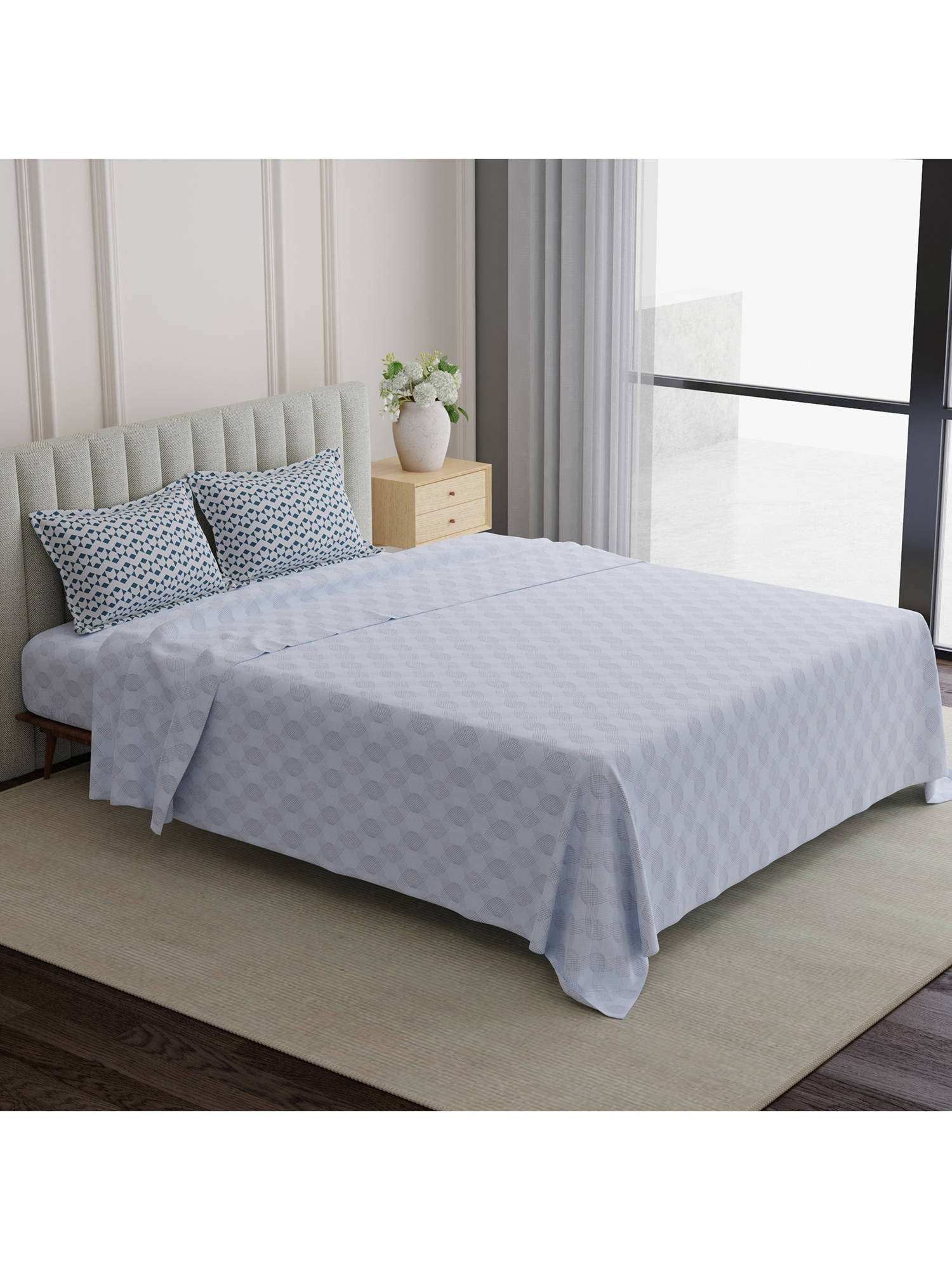 Boutique Living Embrace 100% Cotton 152 TC White & Blue Geometric King Bedsheet With Pillow Covers