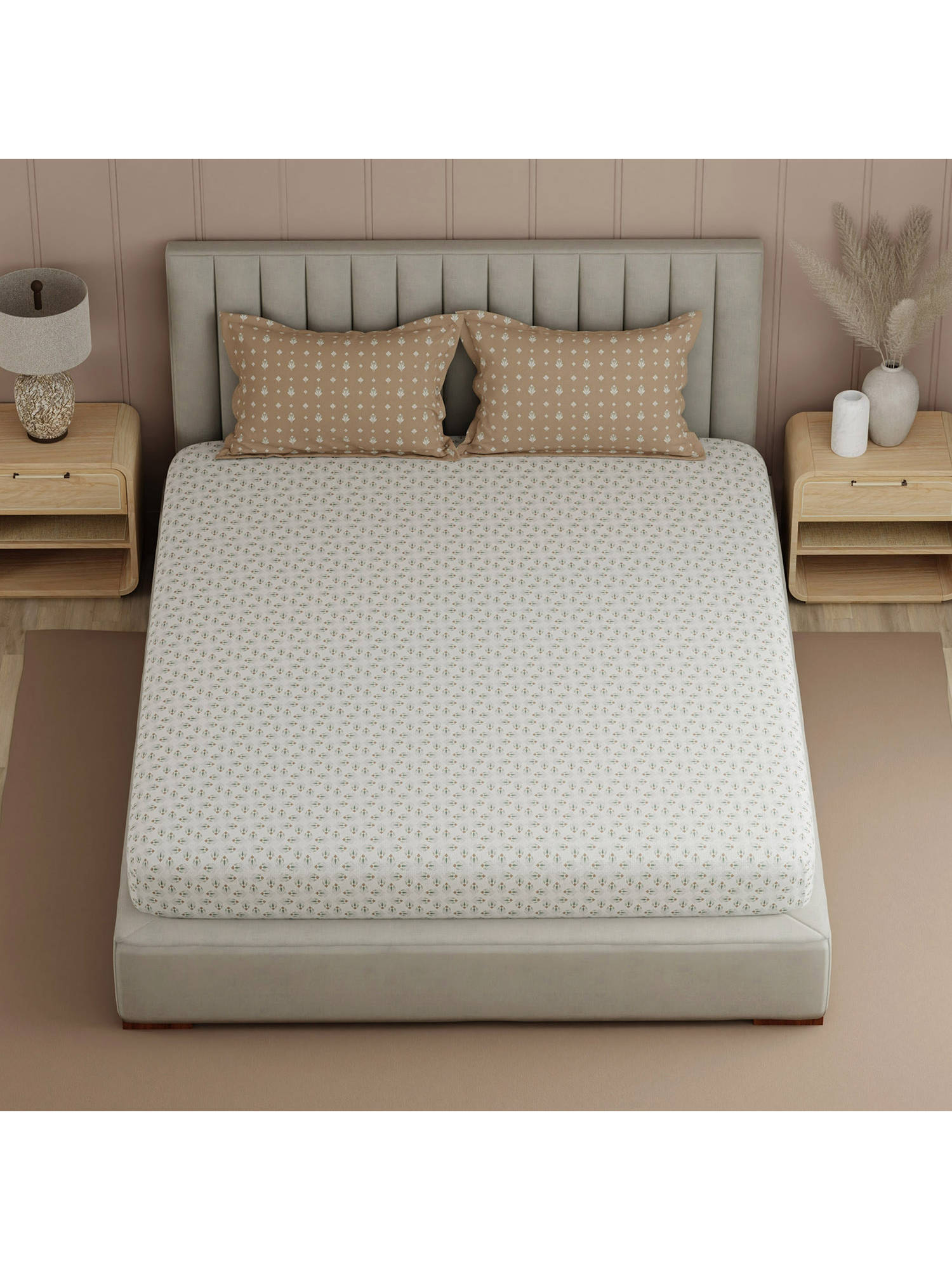 Boutique Living Valatie Beige Geometric Double Bedsheet With Pillow Covers
