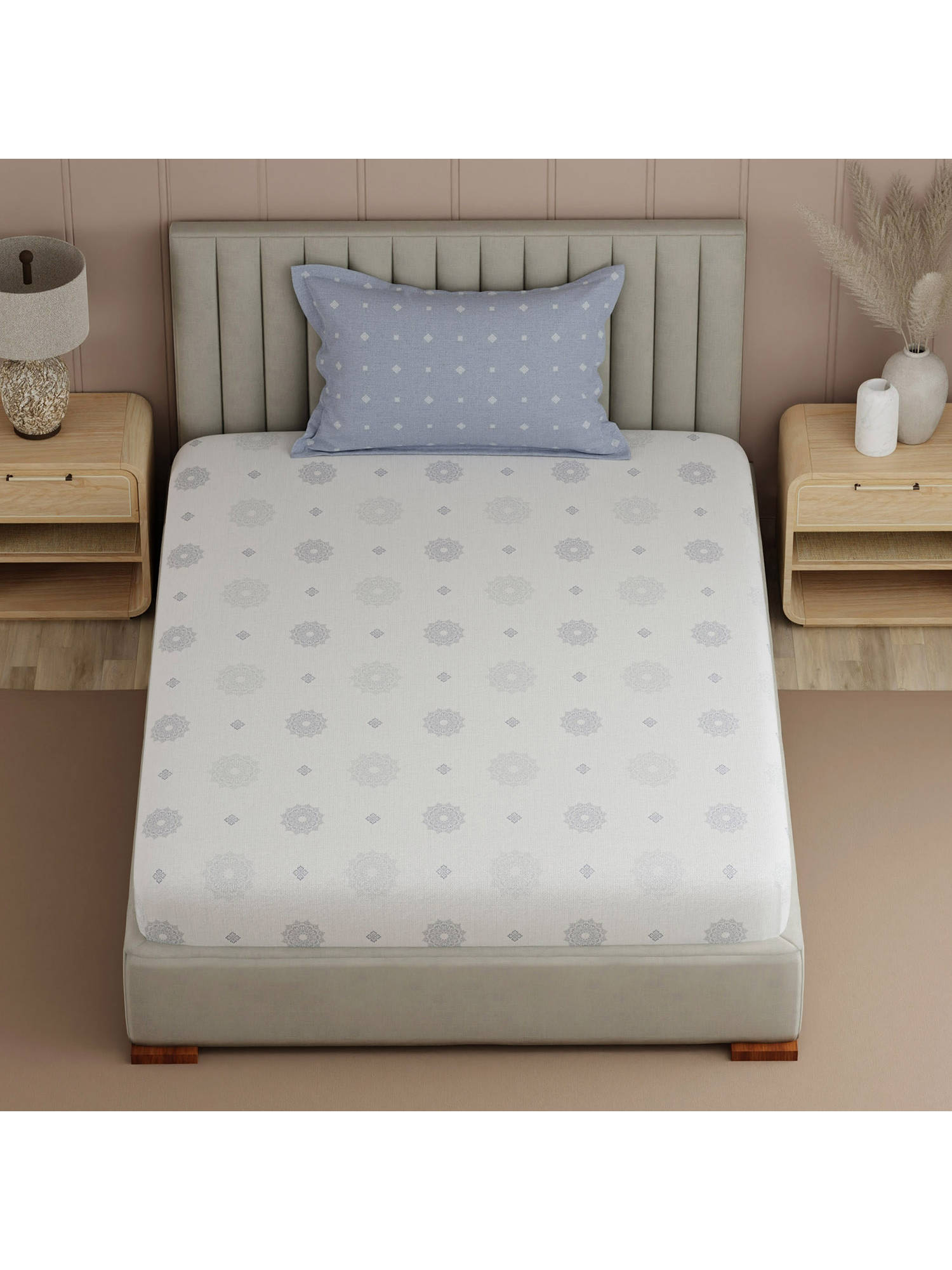 Boutique Living Valatie White & Grey Ethnic Print Single Bedsheet With Pillow Cover