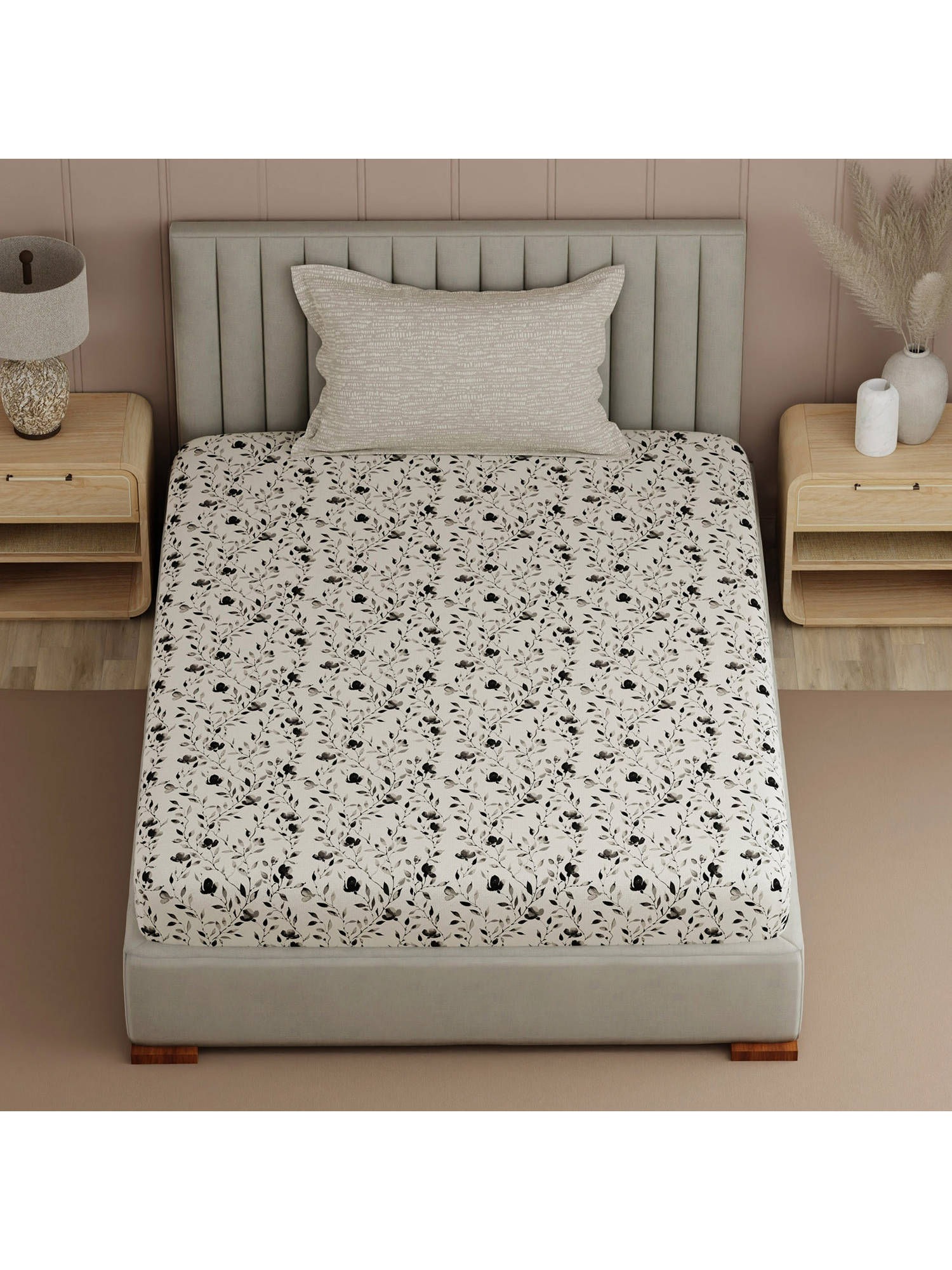 Boutique Living Valatie Grey & White Floral Single Bedsheet With Pillow Cover