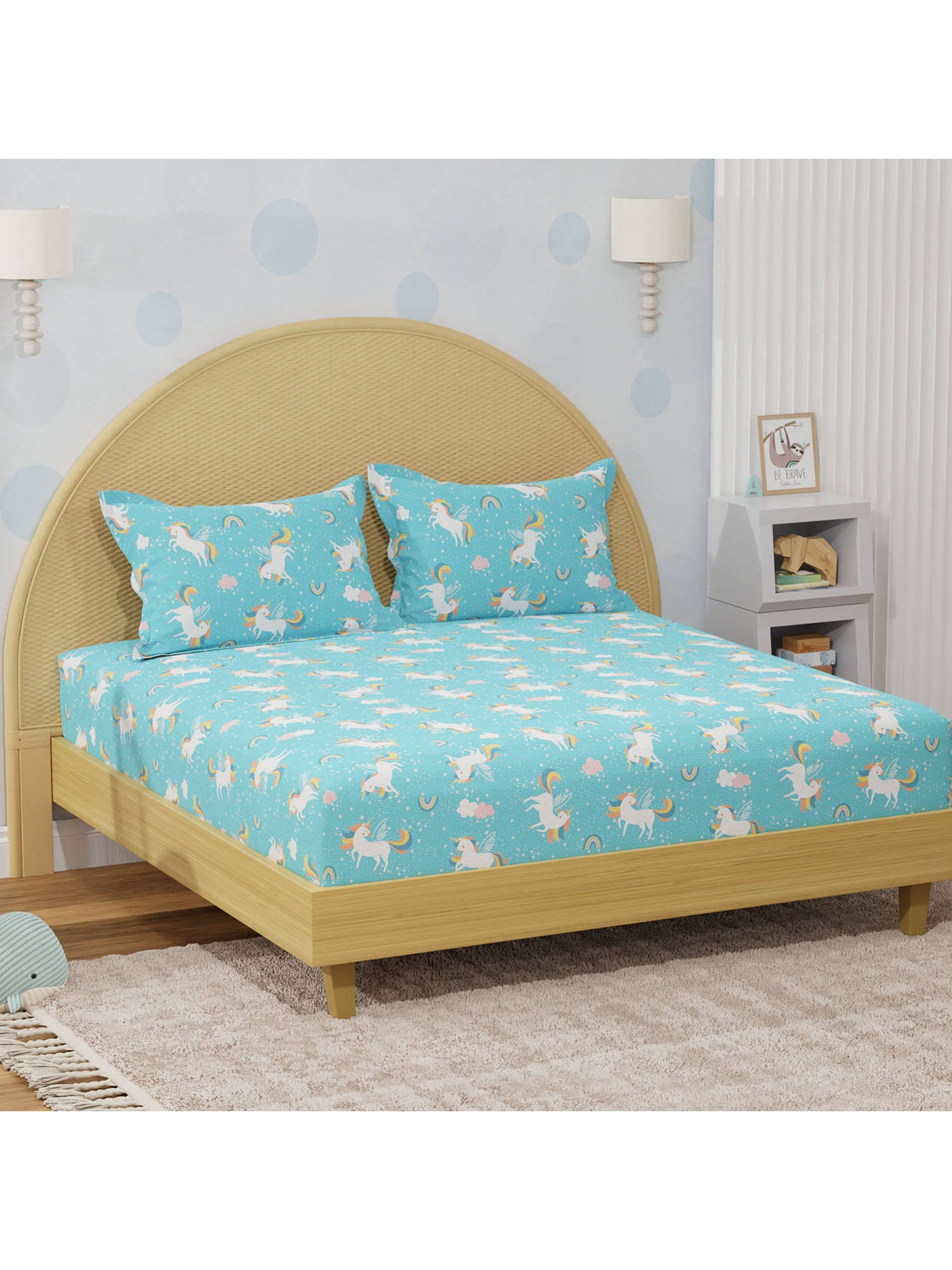 Boutique Living Rock N Room Blue Unicorn Printed Double Bedsheet With Pillow Covers