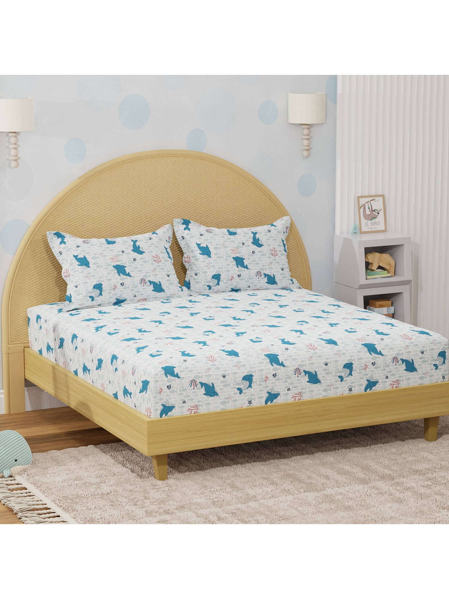 Boutique Living Rock N Room Blue & White Dolphin Printed Double Bedsheet With Pillow Covers