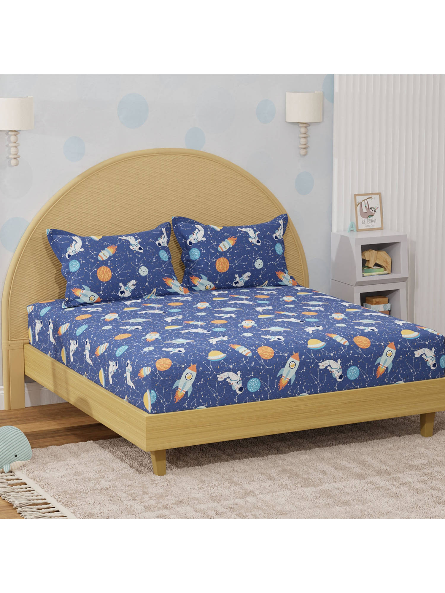 Boutique Living Rock N Room Dark Blue Space & Rocket Double Bedsheet With Pillow Covers